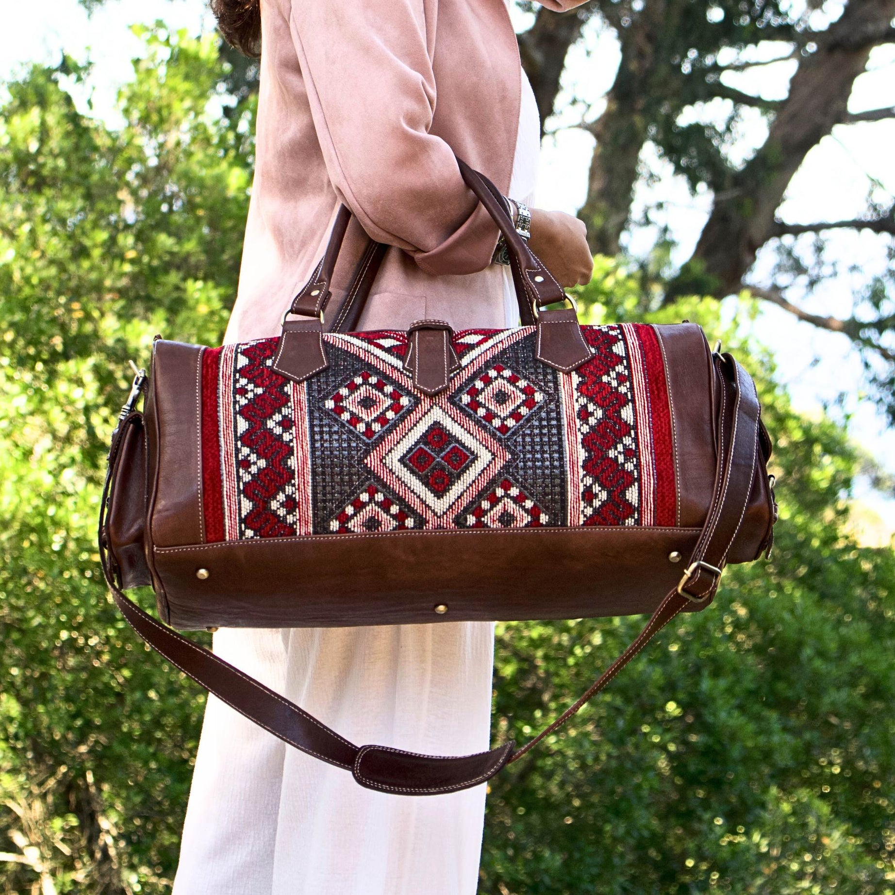 Artisan Leather Kilim Travel Duffel Bag - Unisex Brown