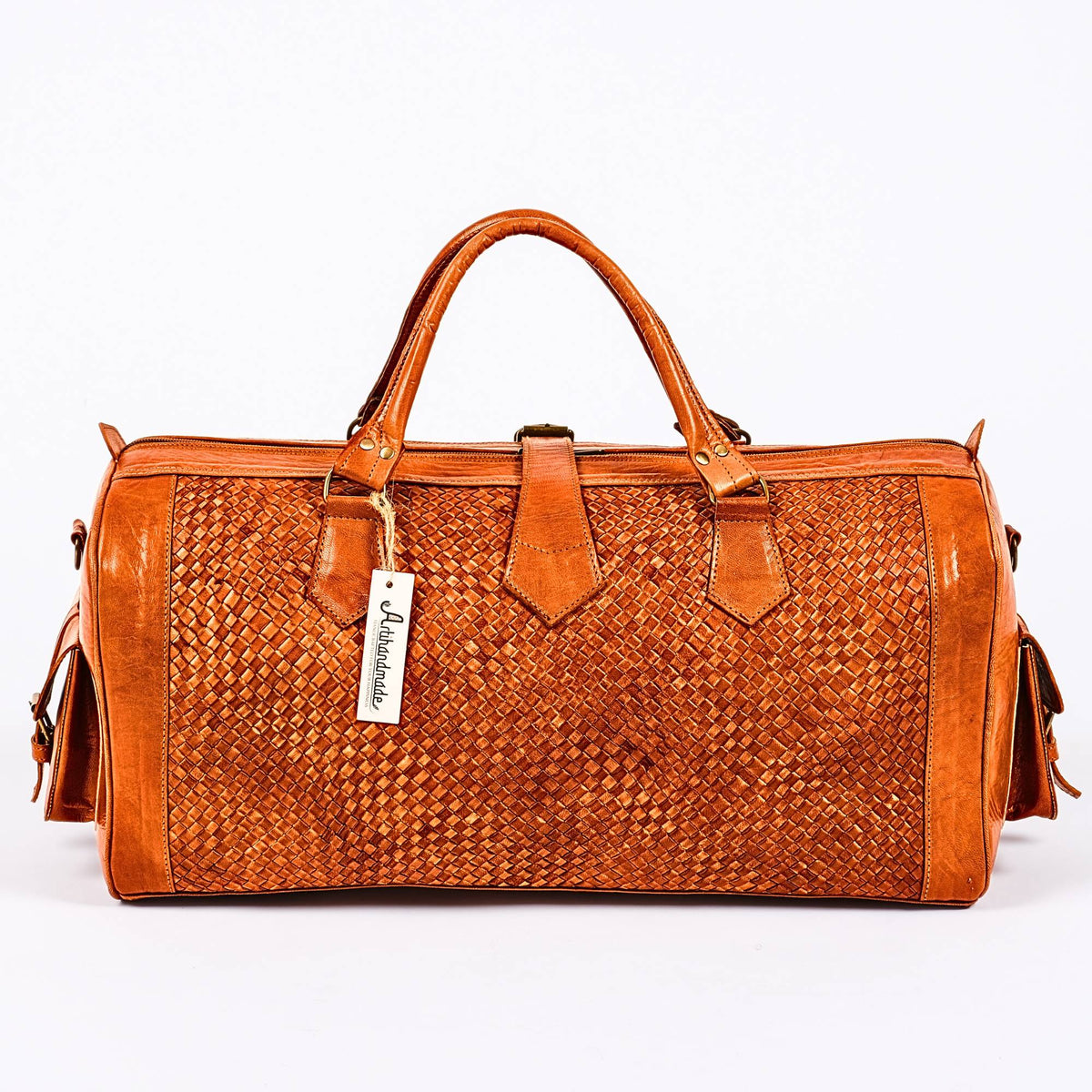 Leather Duffel Bag, Handwoven Cognac Leather, Luxury Travel Bag