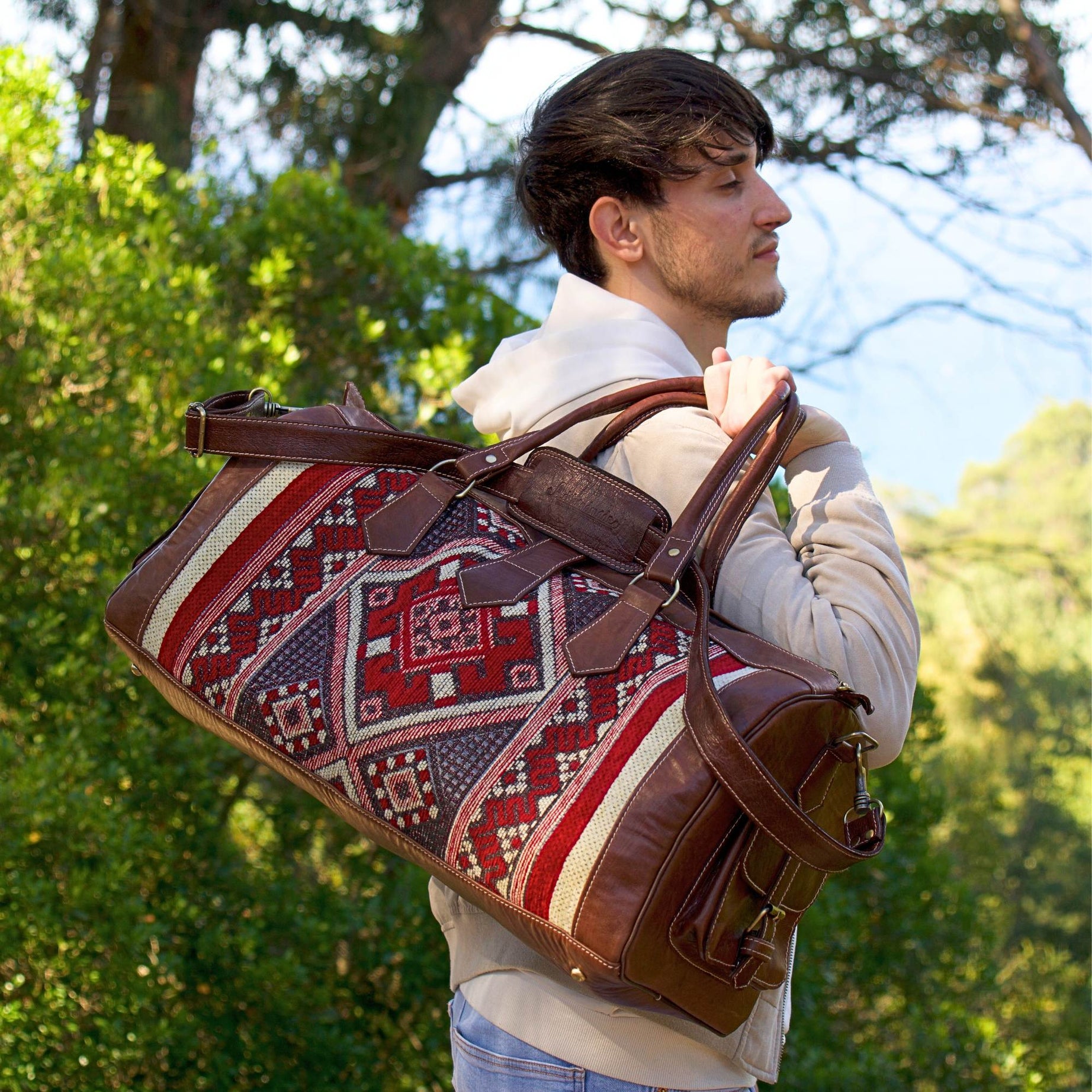 Artisan Leather Kilim Travel Duffel Bag - Unisex Brown