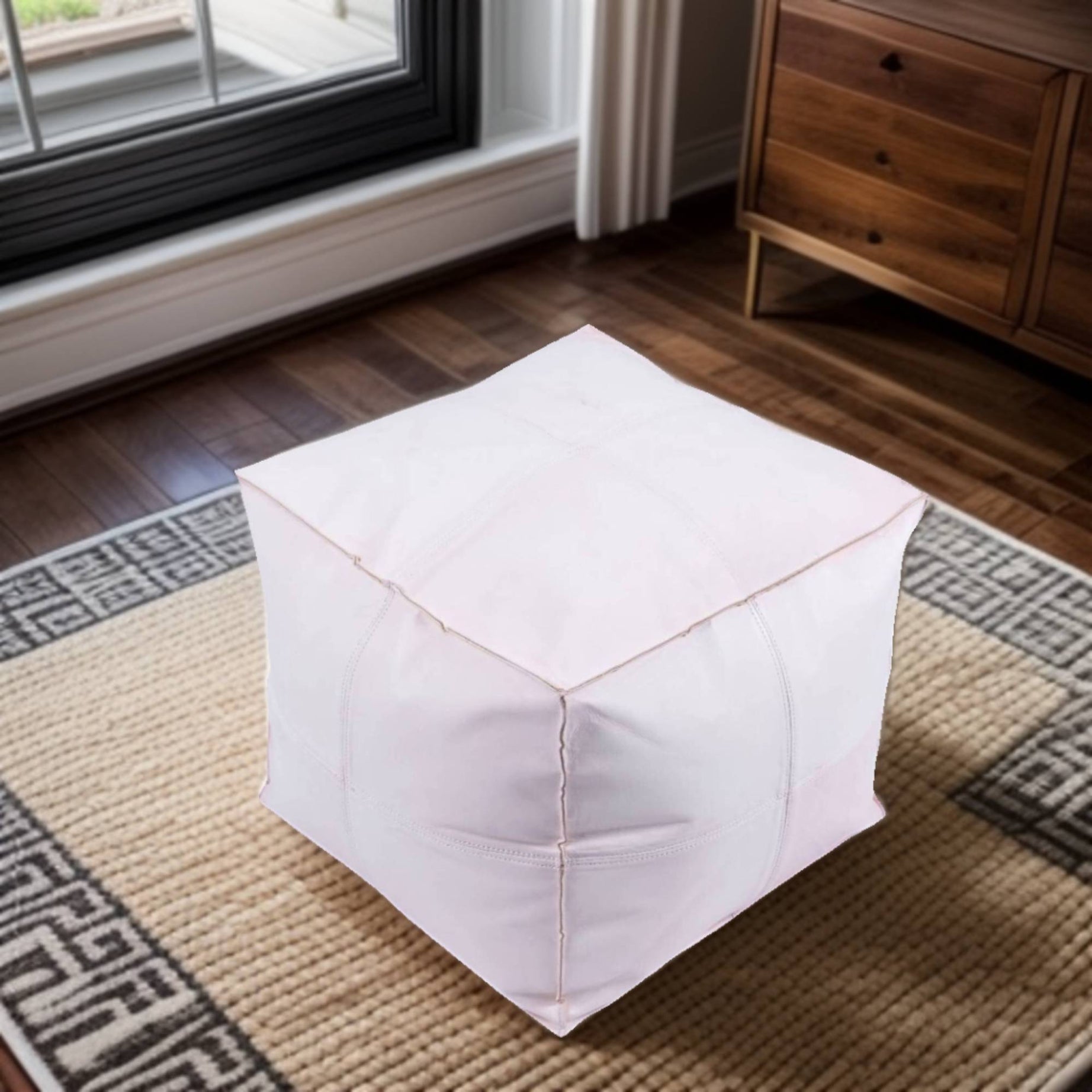 Premium Silver Pearl Leather - Square Ottoman Pouf, Handcrafted Large Ottoman, Luxury Home Decor | Luxury Footrest & Seat | Modern Design