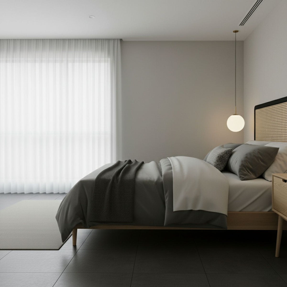 Modern bedroom with a rattan headboard and pendant light in a minimalistic setting
