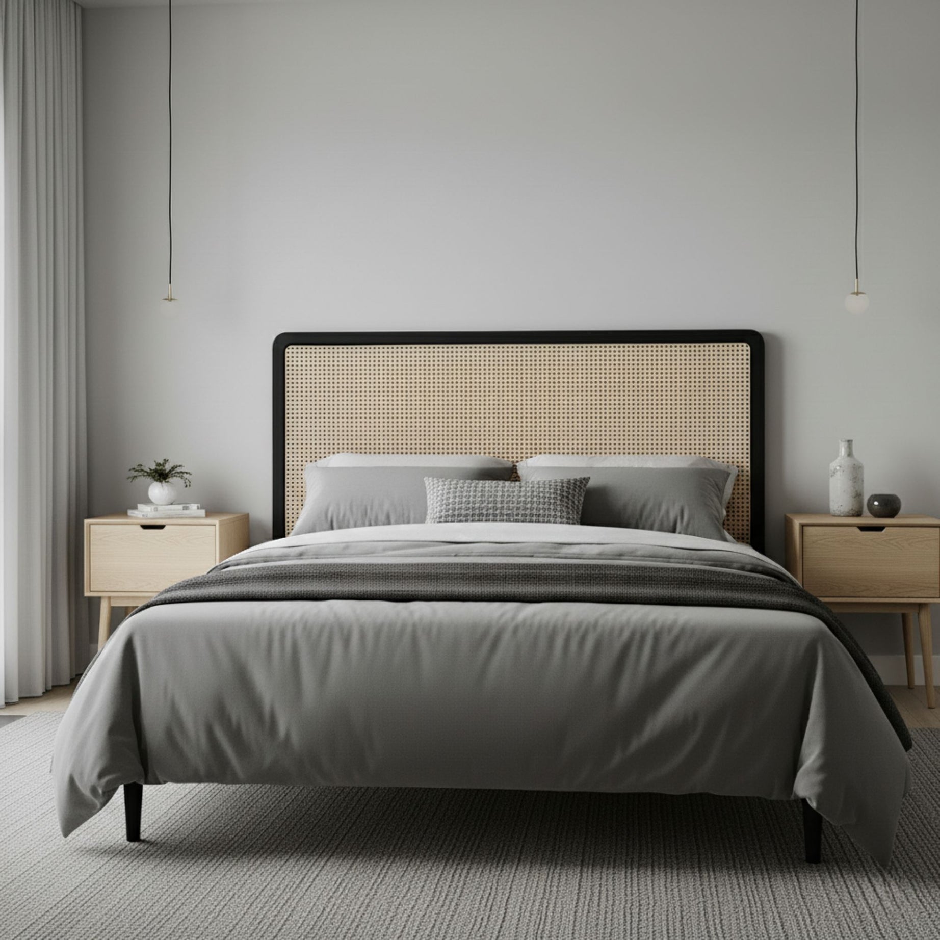 Modern rattan headboard with a bed featuring a wicker headboard, gray bedding, and wooden nightstands.