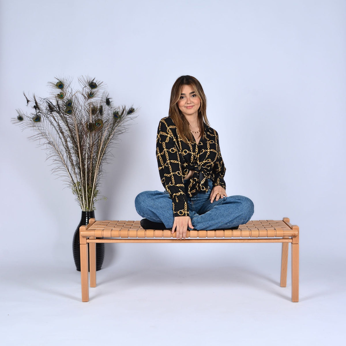 woven strap leather bench - beige