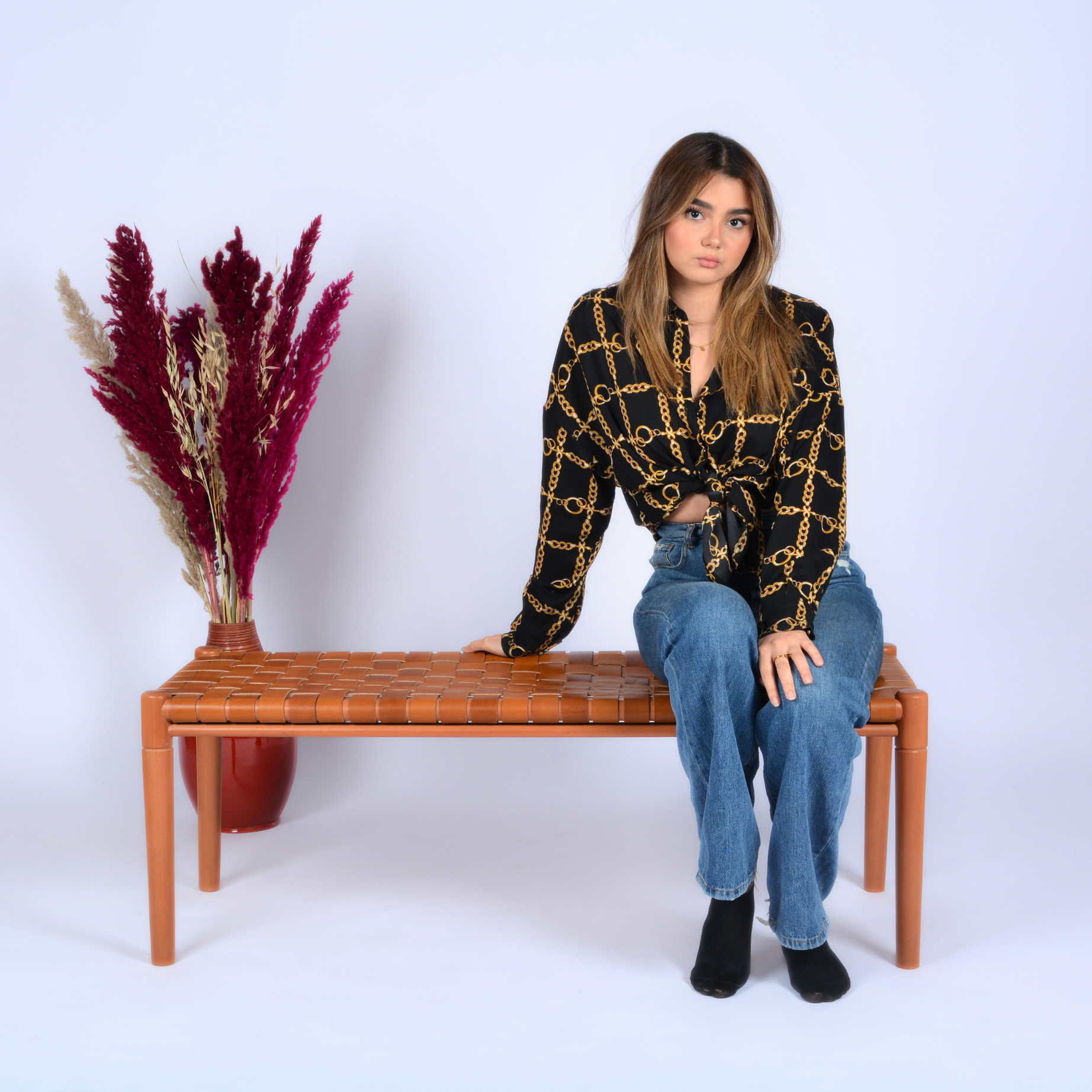 Helga Woven Leather Bench Cognac Teak Wood With Brown Cognac Strap Leather