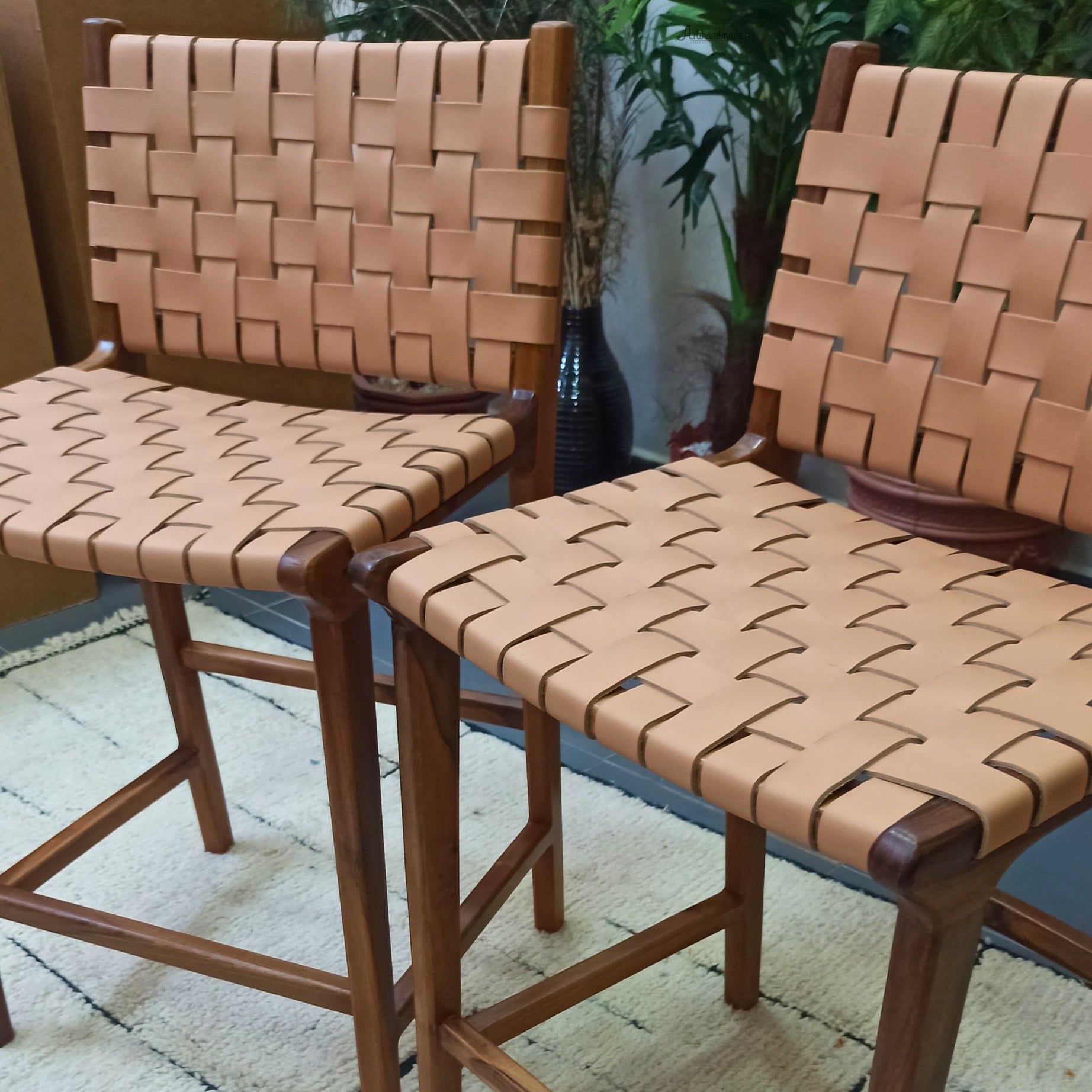 Walnut Counter Stools, Natural Teak Wood With beige Leather.