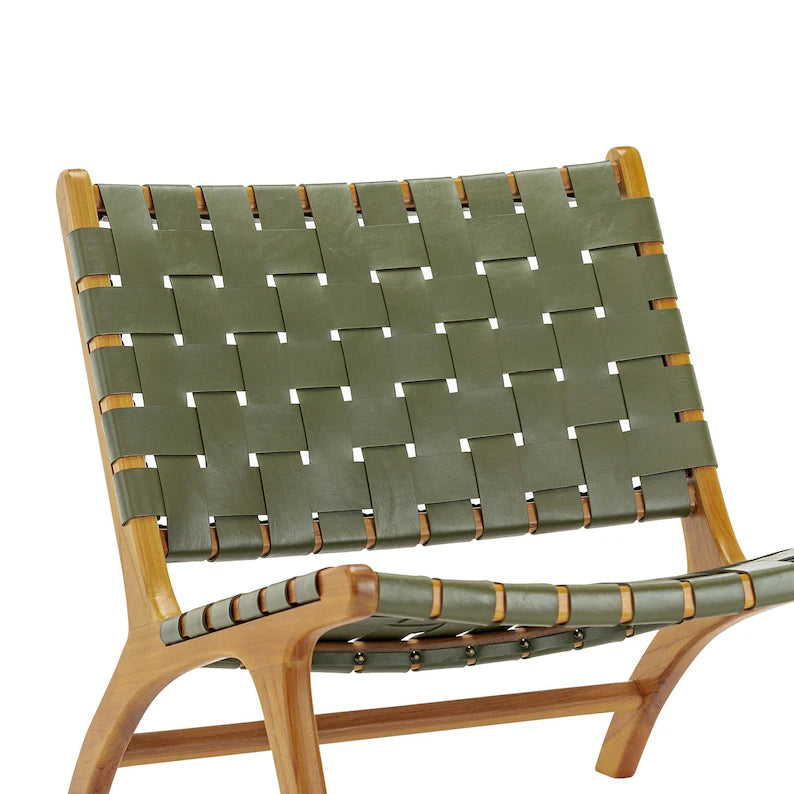 Woven Leather Lounge Chair - Olive Green