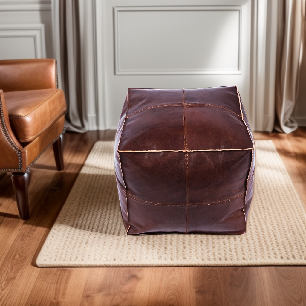 Premium Silver Pearl Leather - Square Ottoman Pouf, Handcrafted Large Ottoman, Luxury Home Decor | Luxury Footrest & Seat | Modern Design
