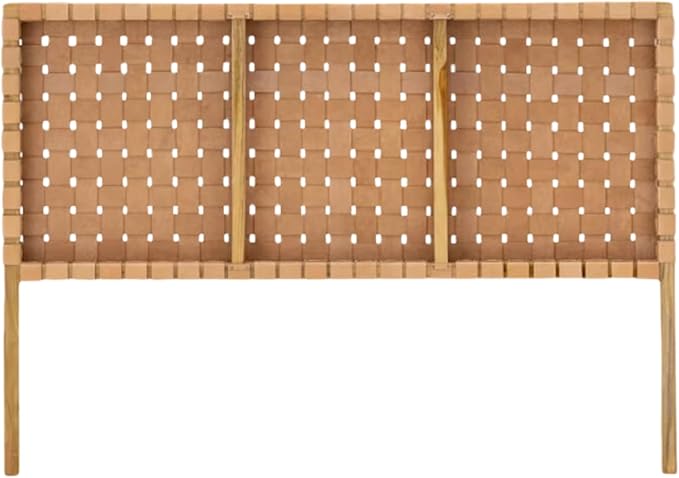 back view of strap woven leather headboard showcasing the understated weaving pattern