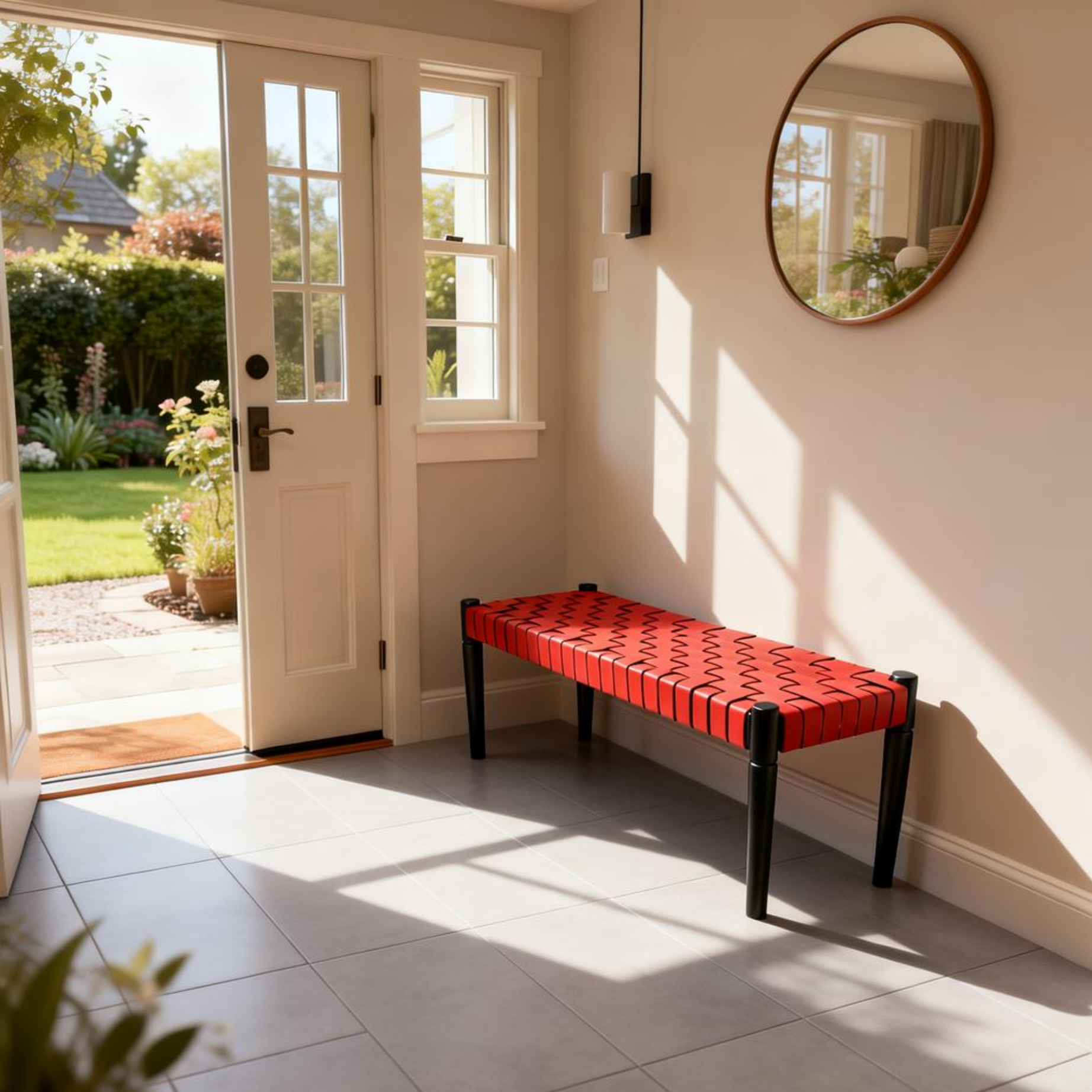 Artisan Crafted Olav Woven Red Leather Straps Bench, Teak Wood, Black Matte Finish | Modern End of Bed & Entryway Bench