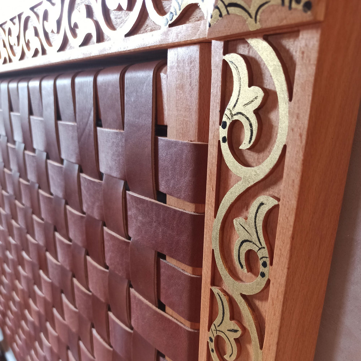 Exclusive luxury Leather Headboard - Frame Carved Leaf with Gold-painted & woven Strap leather