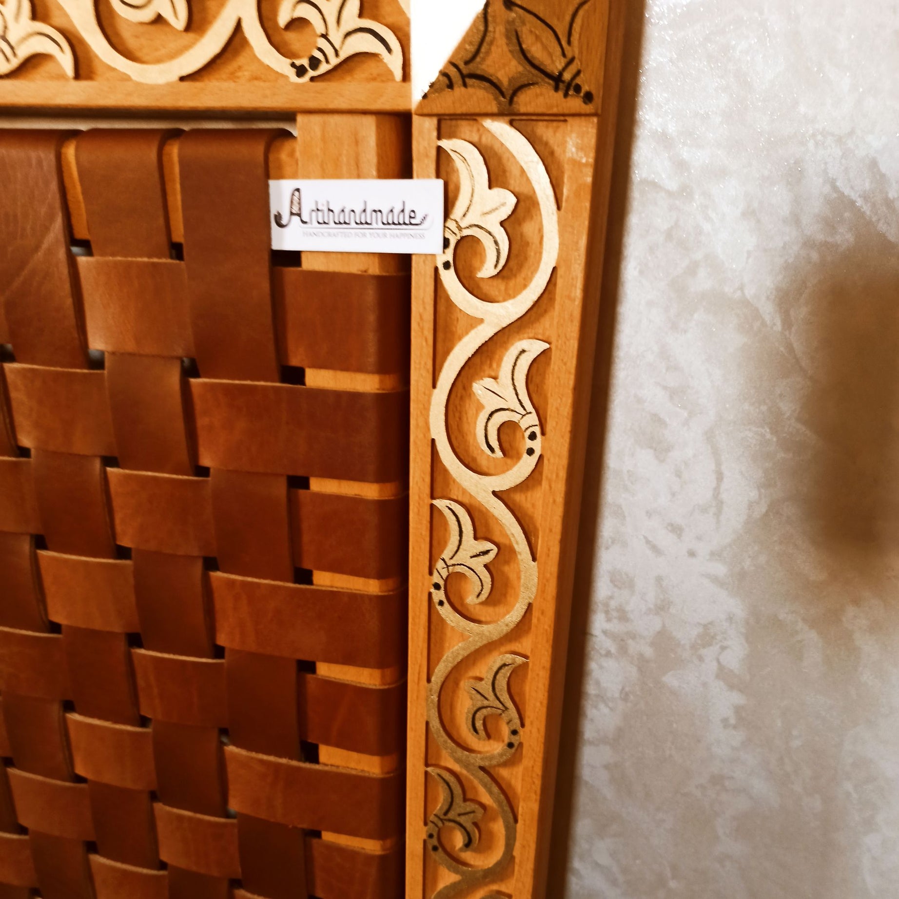 Exclusive luxury Leather Headboard - Frame Carved Leaf with Gold-painted & woven Strap leather