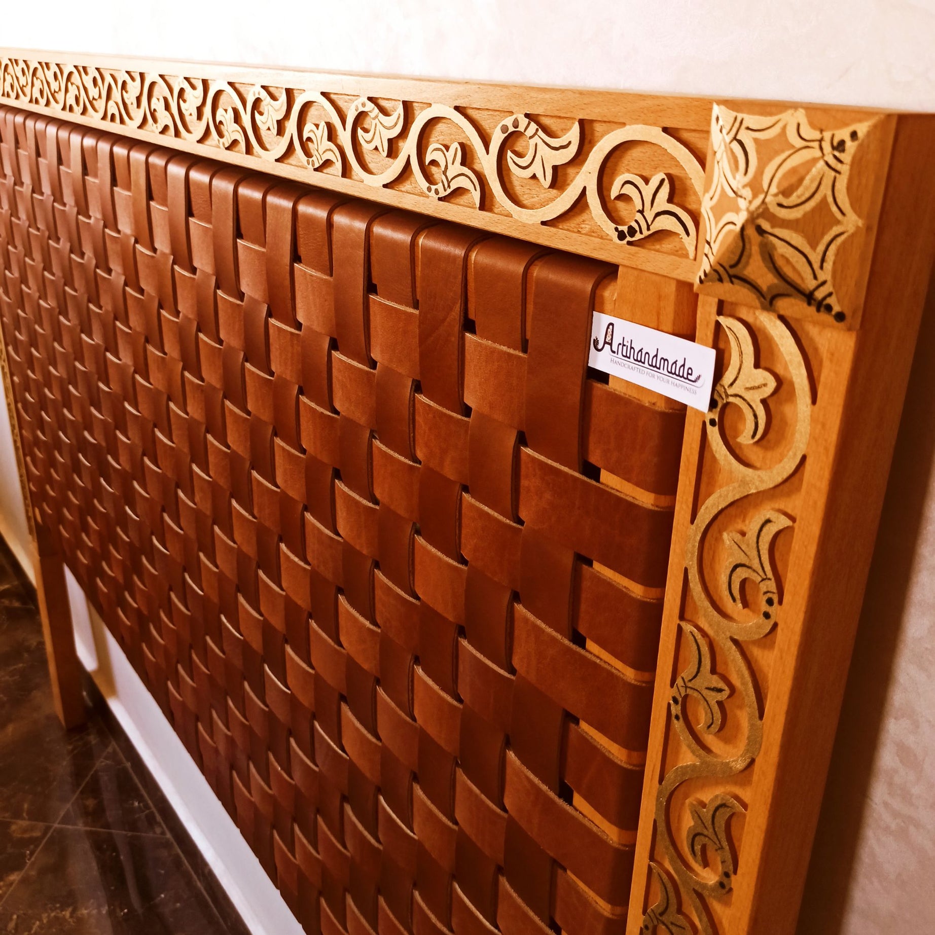 Exclusive luxury Leather Headboard - Frame Carved Leaf with Gold-painted & woven Strap leather