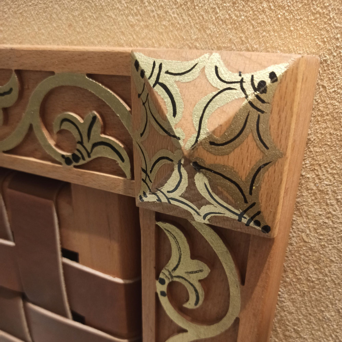 Exclusive luxury Leather Headboard - Frame Carved Leaf with Gold-painted & woven Strap leather