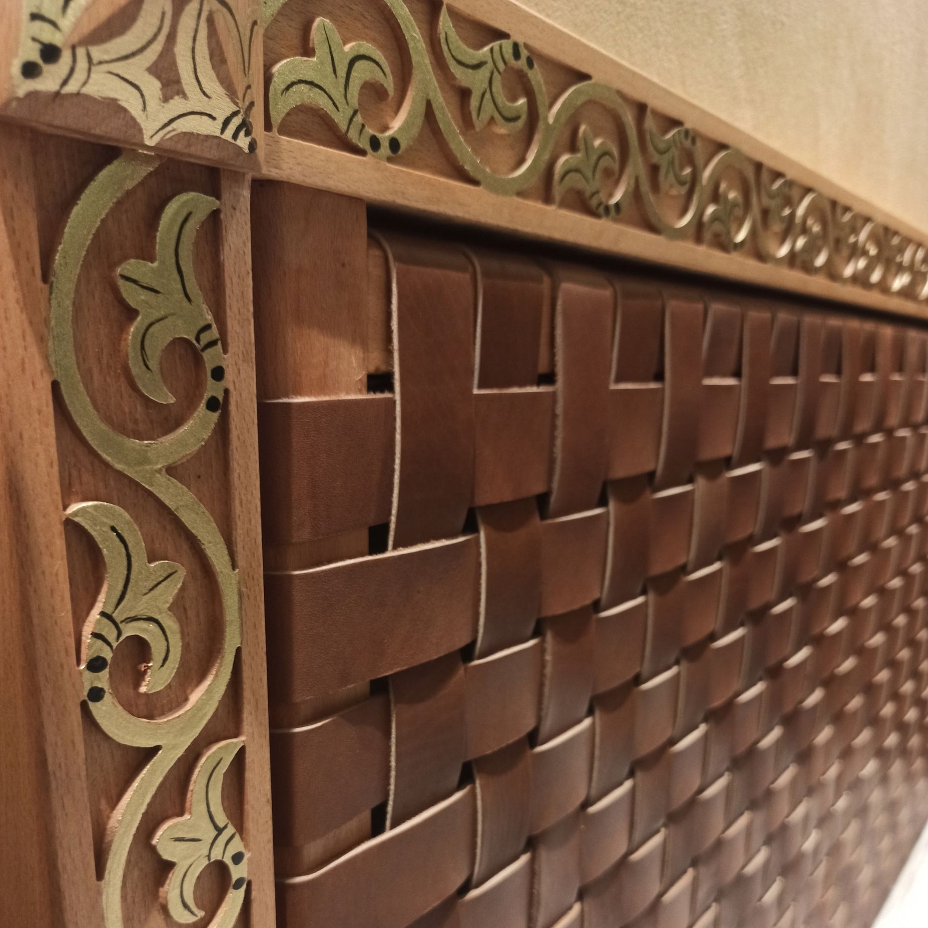 Exclusive luxury Leather Headboard - Frame Carved Leaf with Gold-painted & woven Strap leather