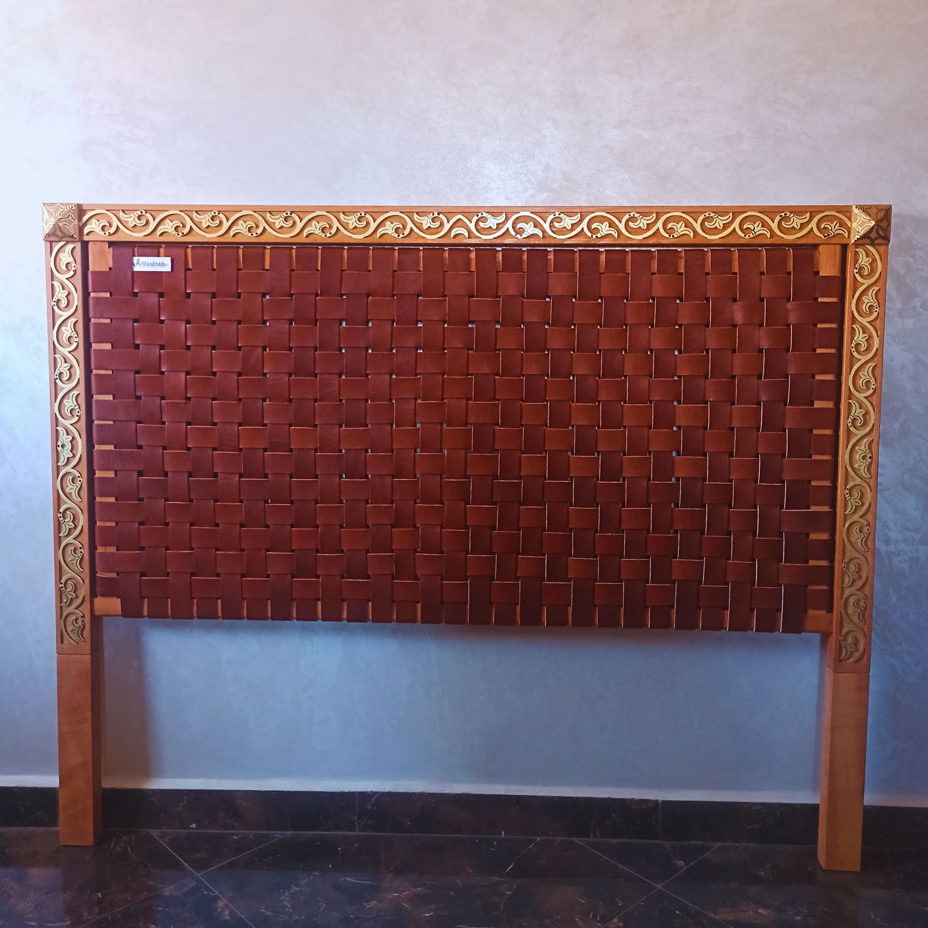 Exclusive luxury Leather Headboard - Frame Carved Leaf with Gold-painted & woven Strap leather
