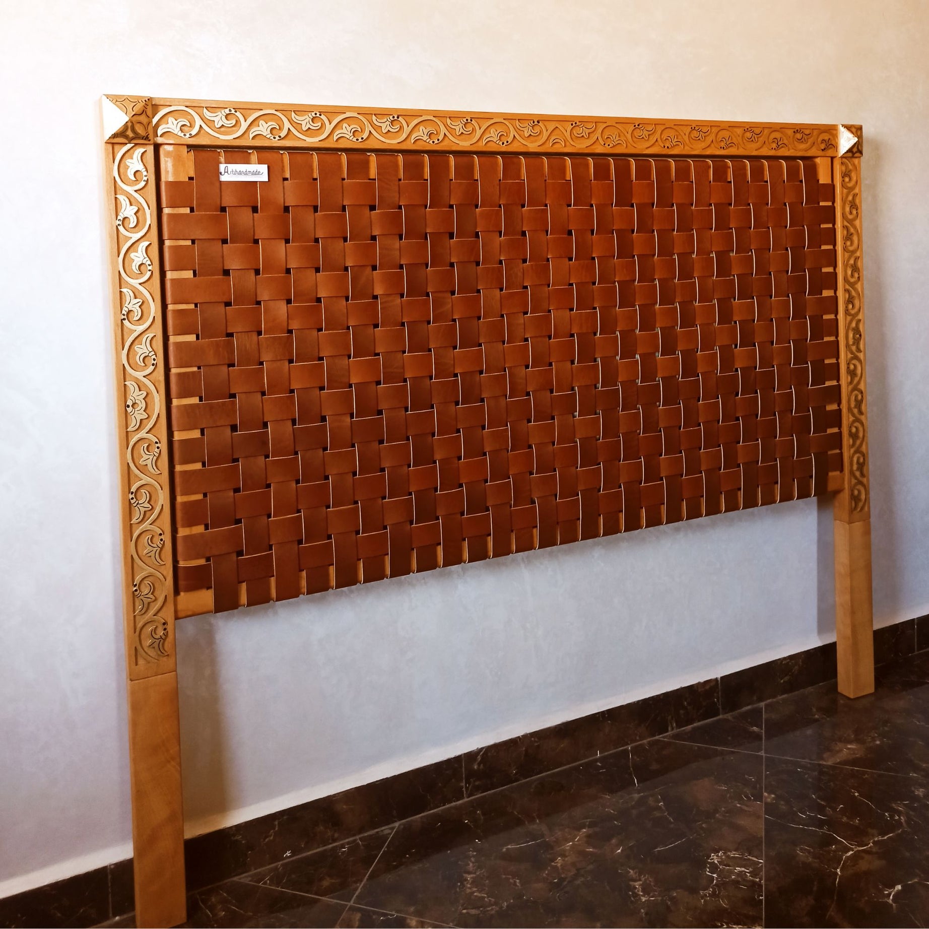Exclusive luxury Leather Headboard - Frame Carved Leaf with Gold-painted & woven Strap leather