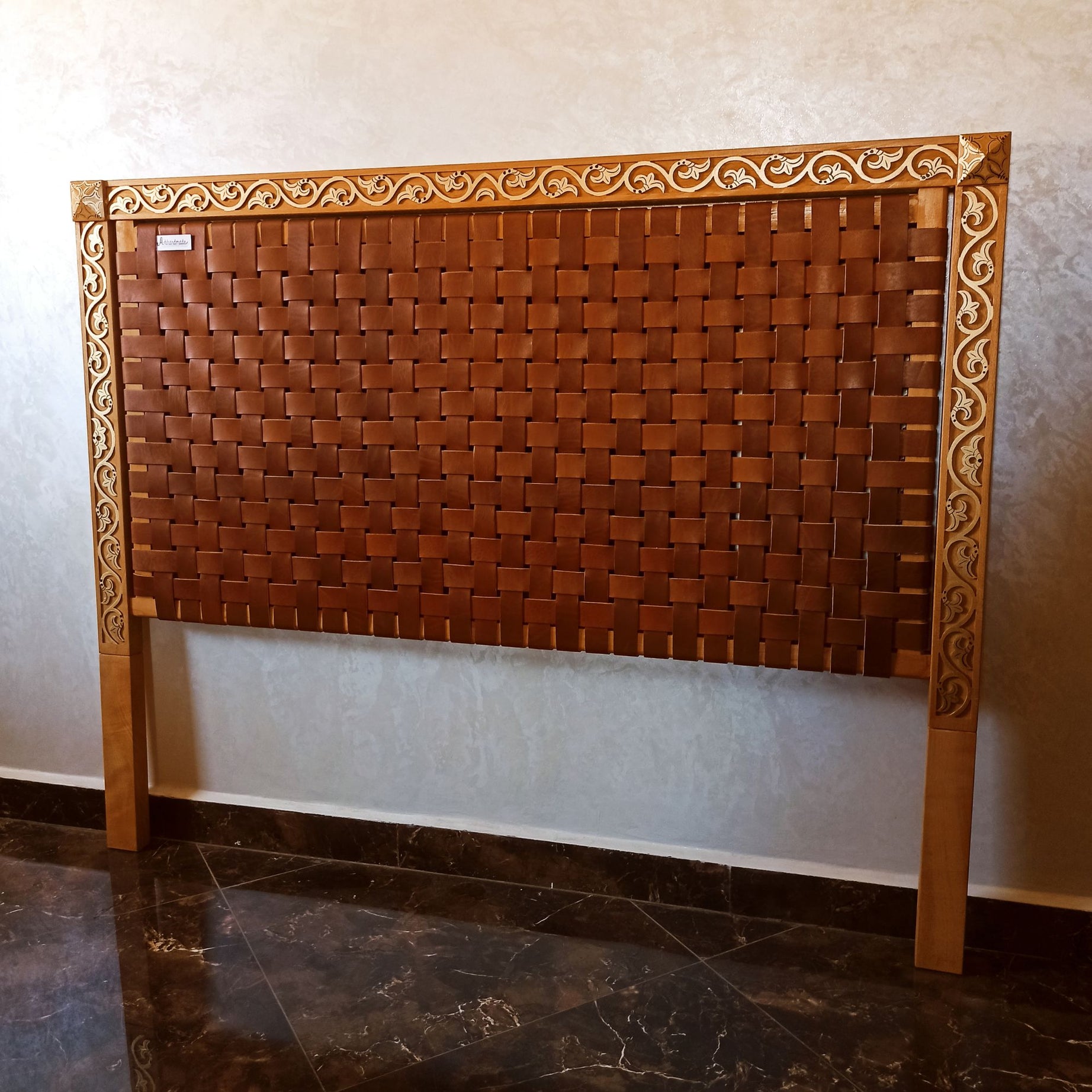 Exclusive luxury Leather Headboard - Frame Carved Leaf with Gold-painted & woven Strap leather