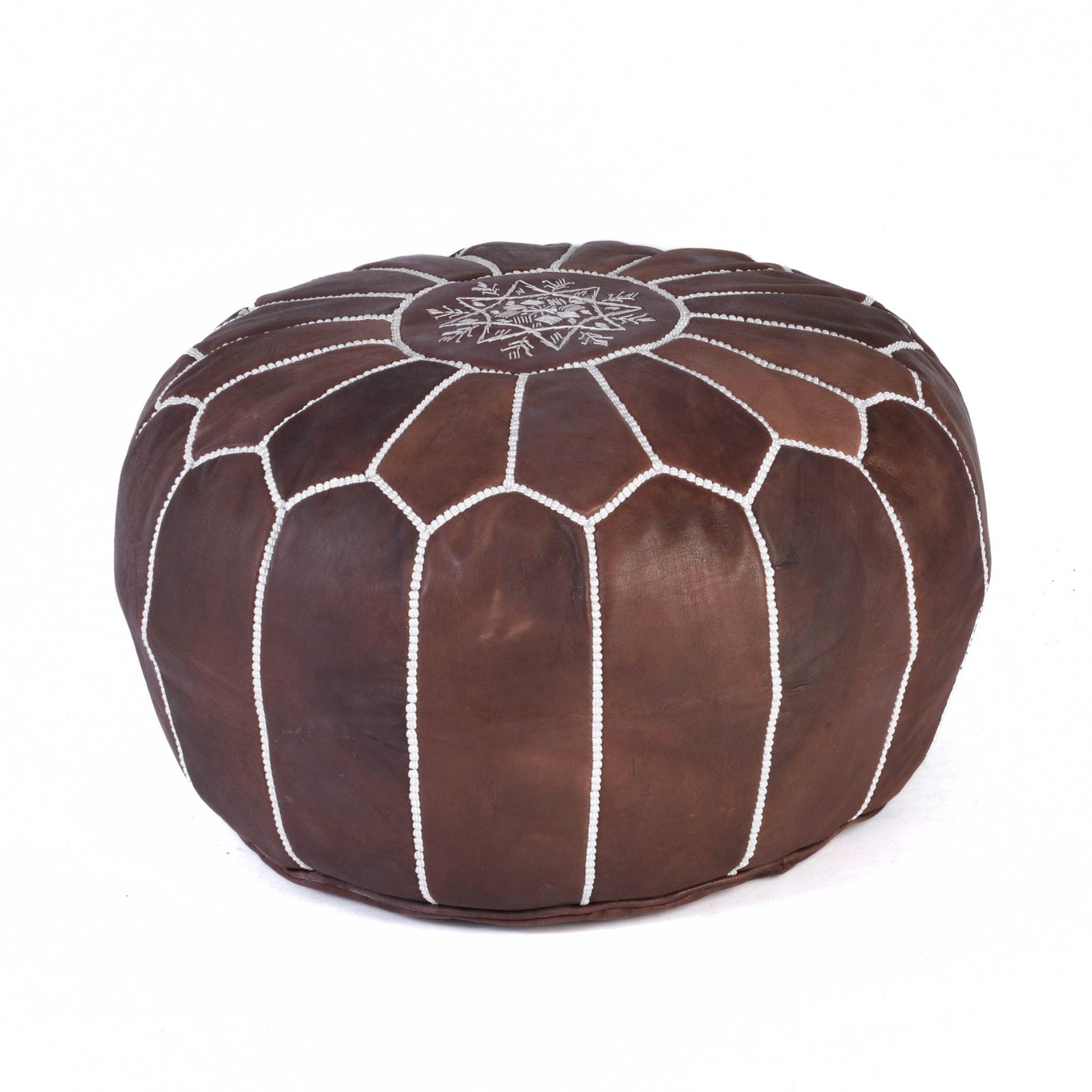 Hand-stitched Embroidery Genuine Leather Ottoman Pouf - Brown