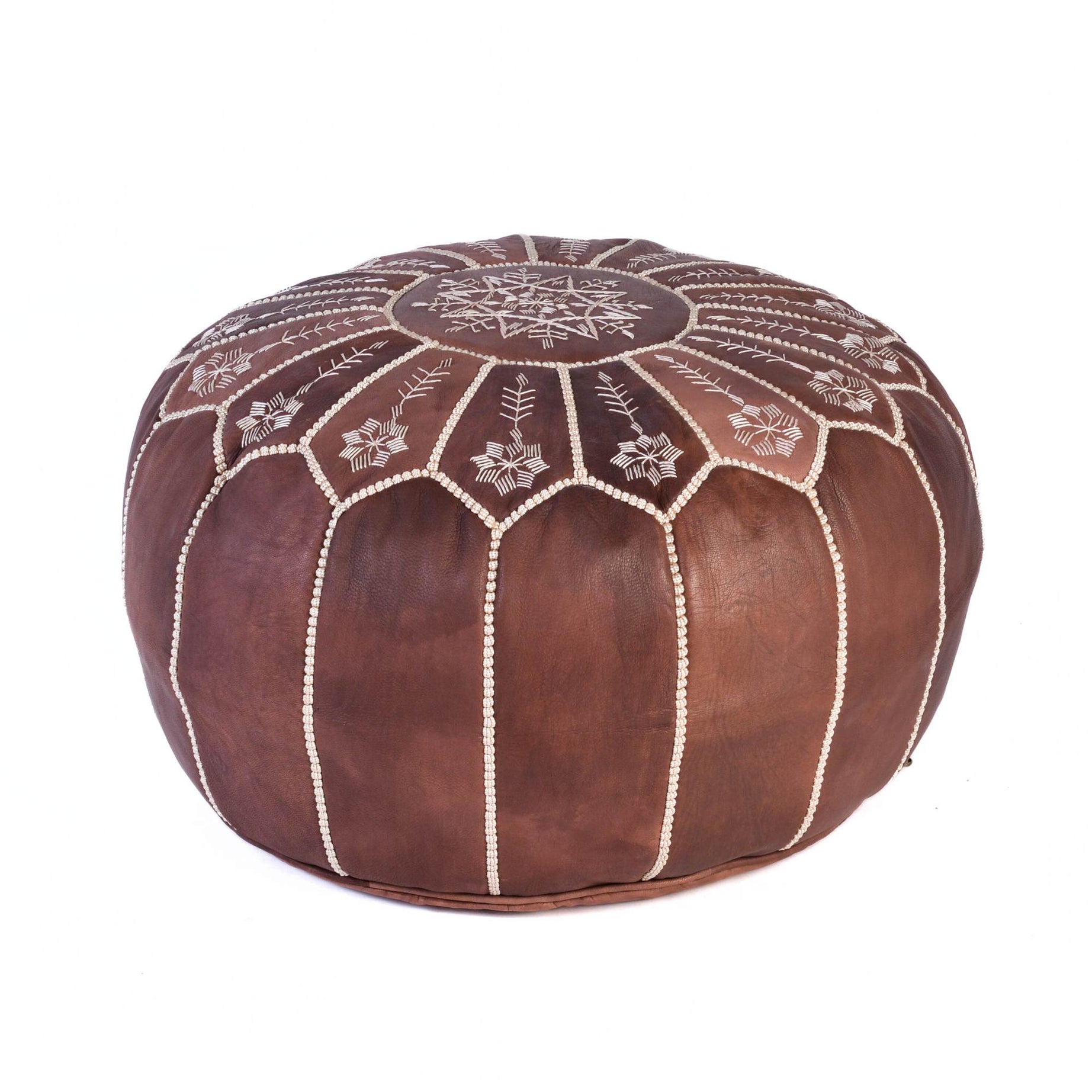 Hand-stitched Embroidery Genuine Leather Ottoman Pouf - Brown new design