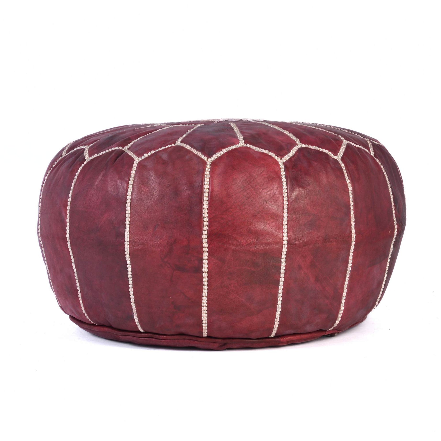 Hand-stitched Embroidery Genuine Leather Ottoman Pouf - Best Burgundy