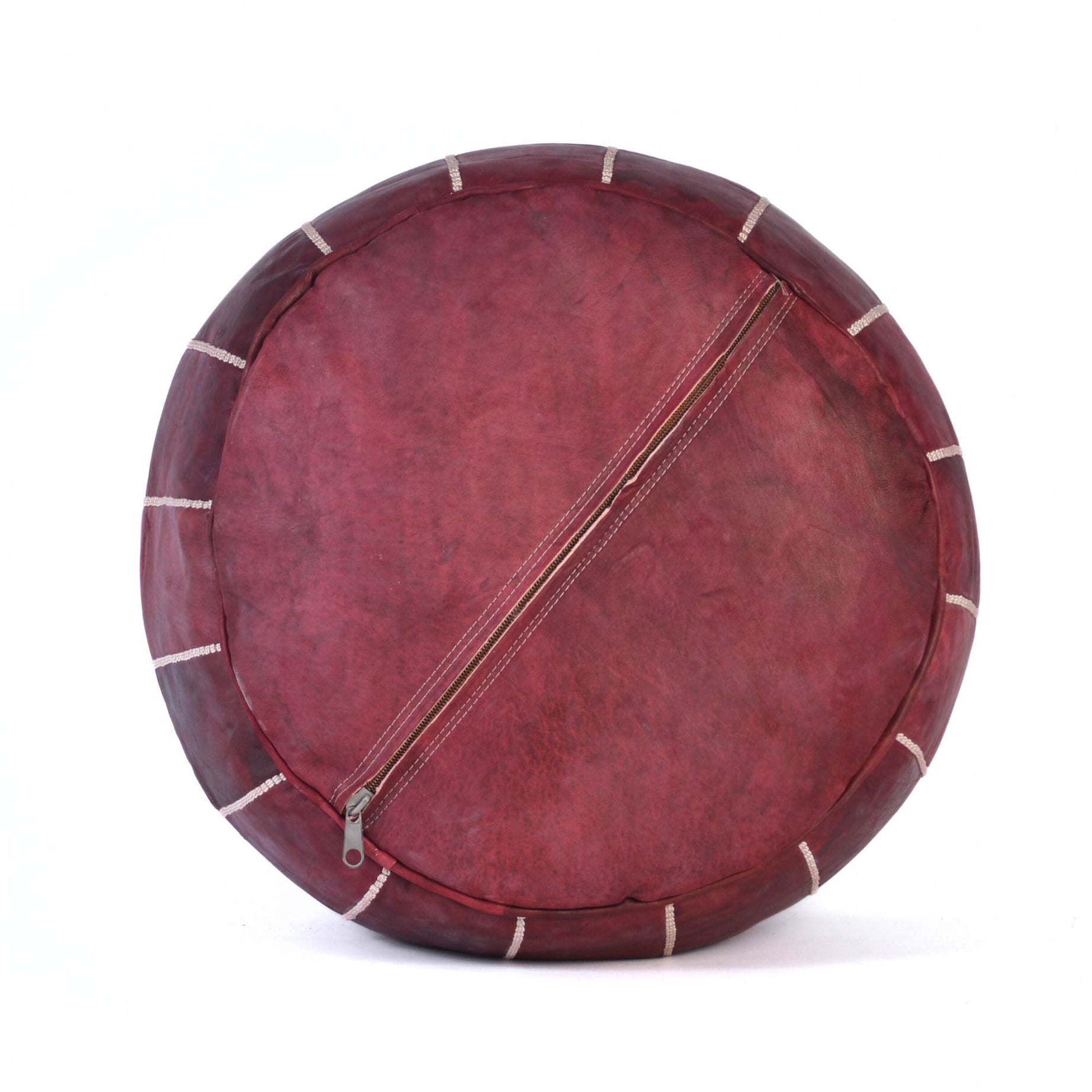 Hand-stitched Embroidery Genuine Leather Ottoman Pouf - Best Burgundy