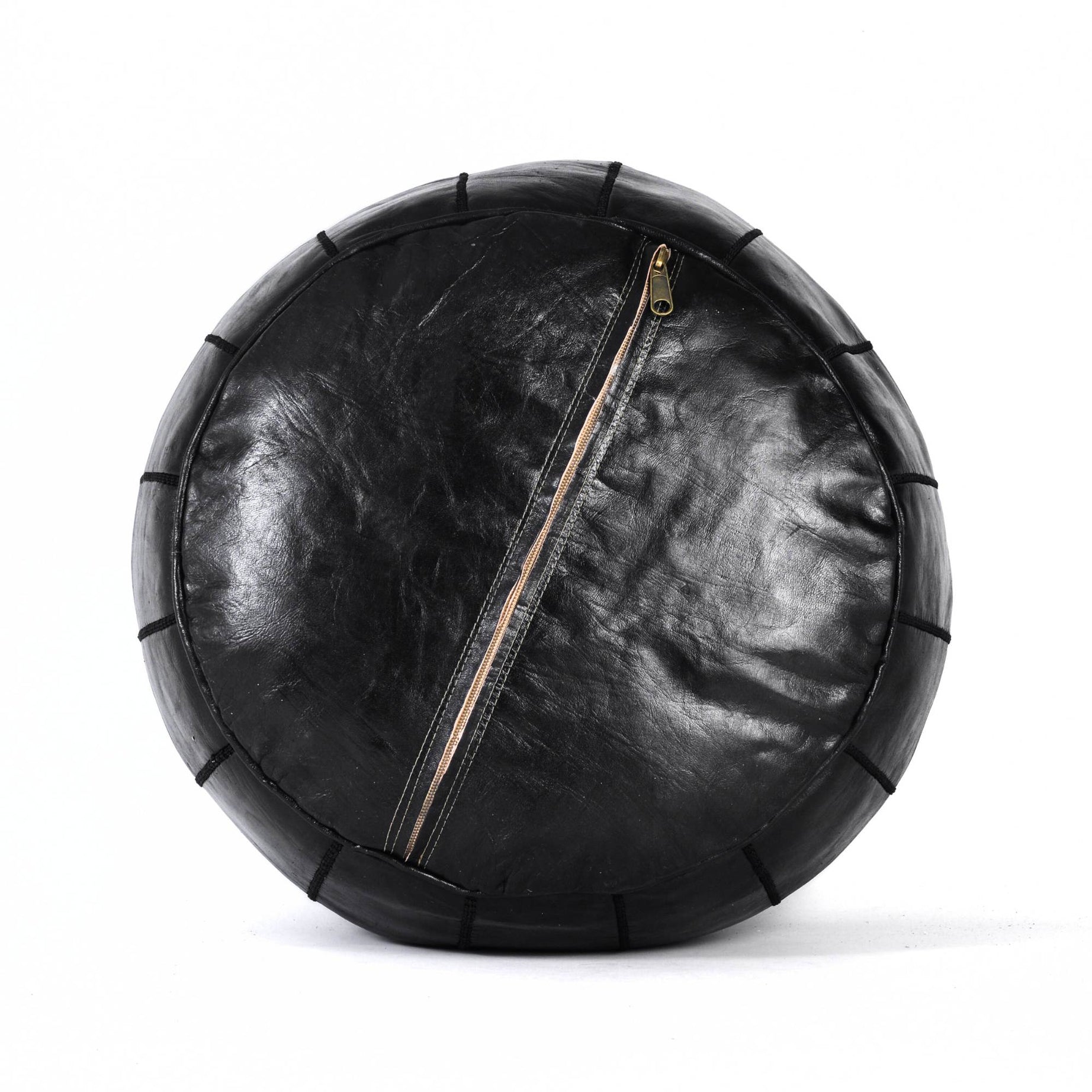 Hand-stitched Embroidery Genuine Leather Ottoman Pouf - Black 2