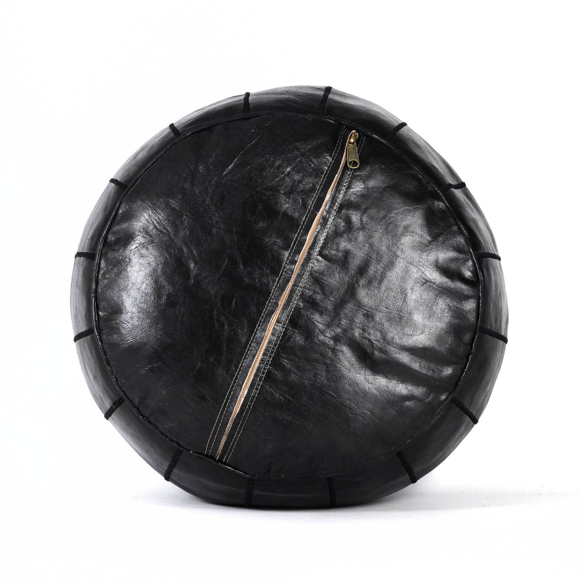 Hand-stitched Embroidery Genuine Leather Ottoman Pouf - Black 2