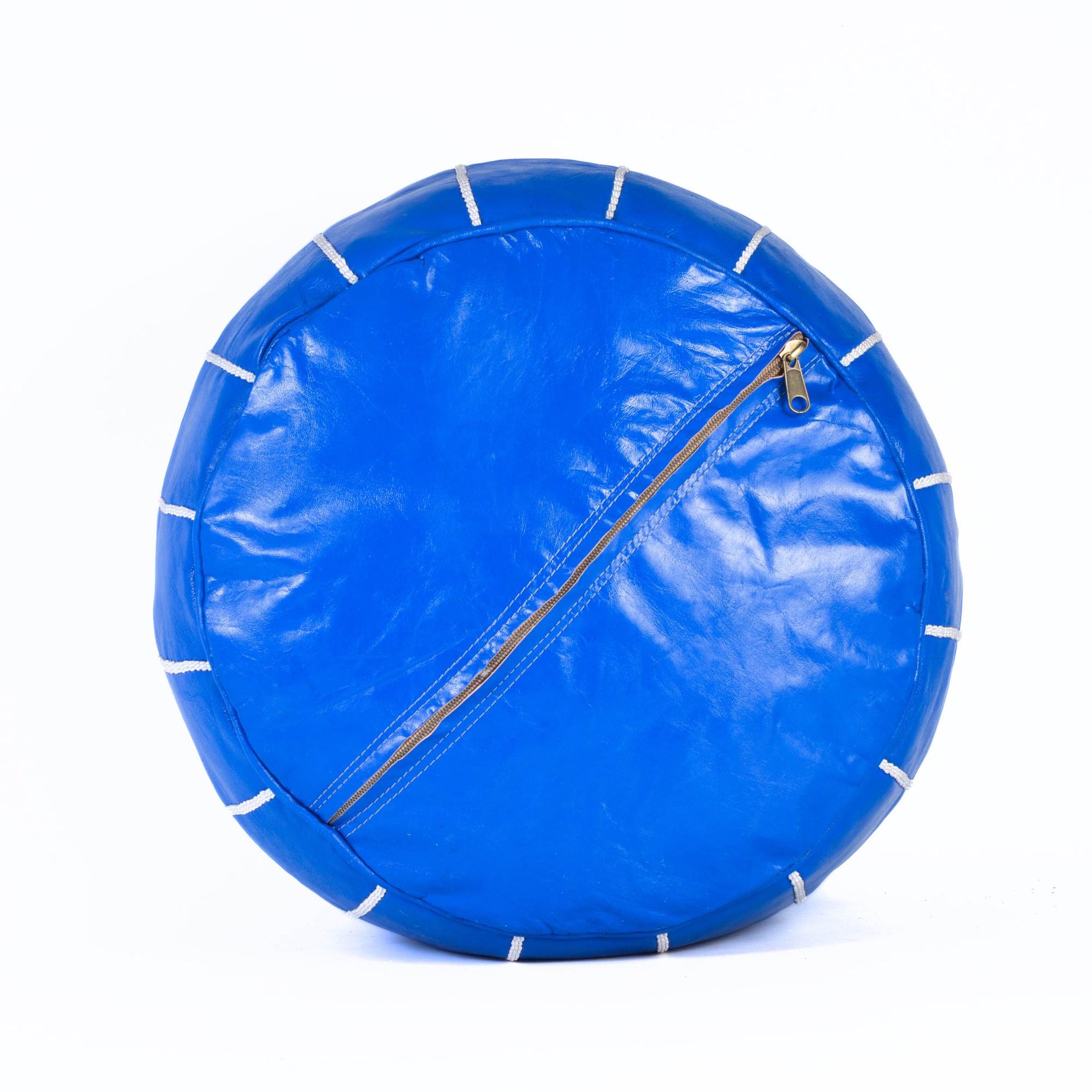 Hand-stitched Embroidery Genuine Leather Ottoman Pouf - Blue
