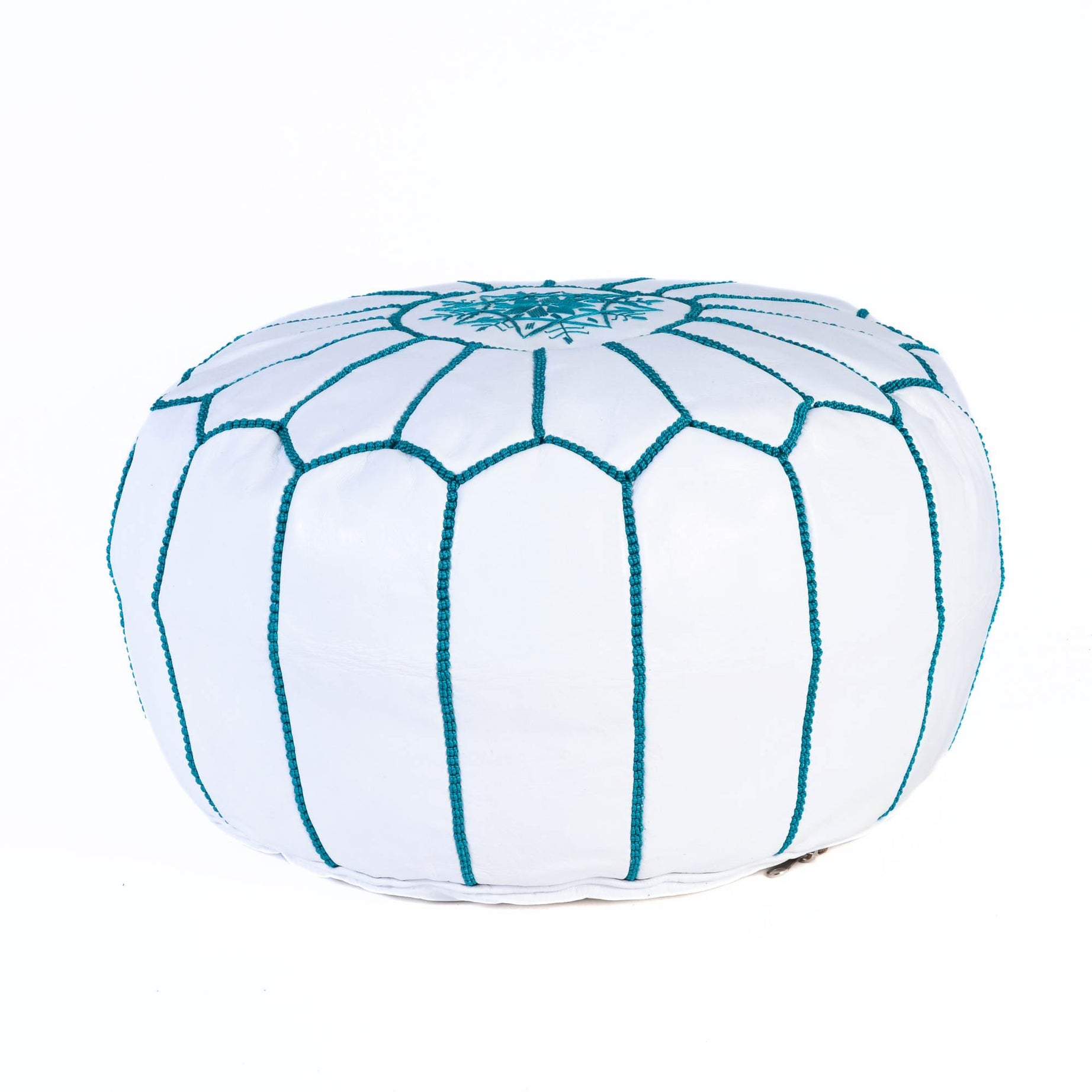 Hand-stitched Embroidery Genuine Leather Ottoman Pouf - Blue Sky