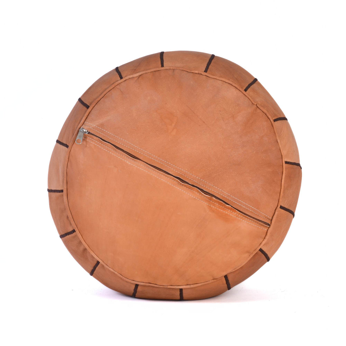 Hand-stitched Embroidery Genuine Leather Ottoman Pouf - Cognac Brown