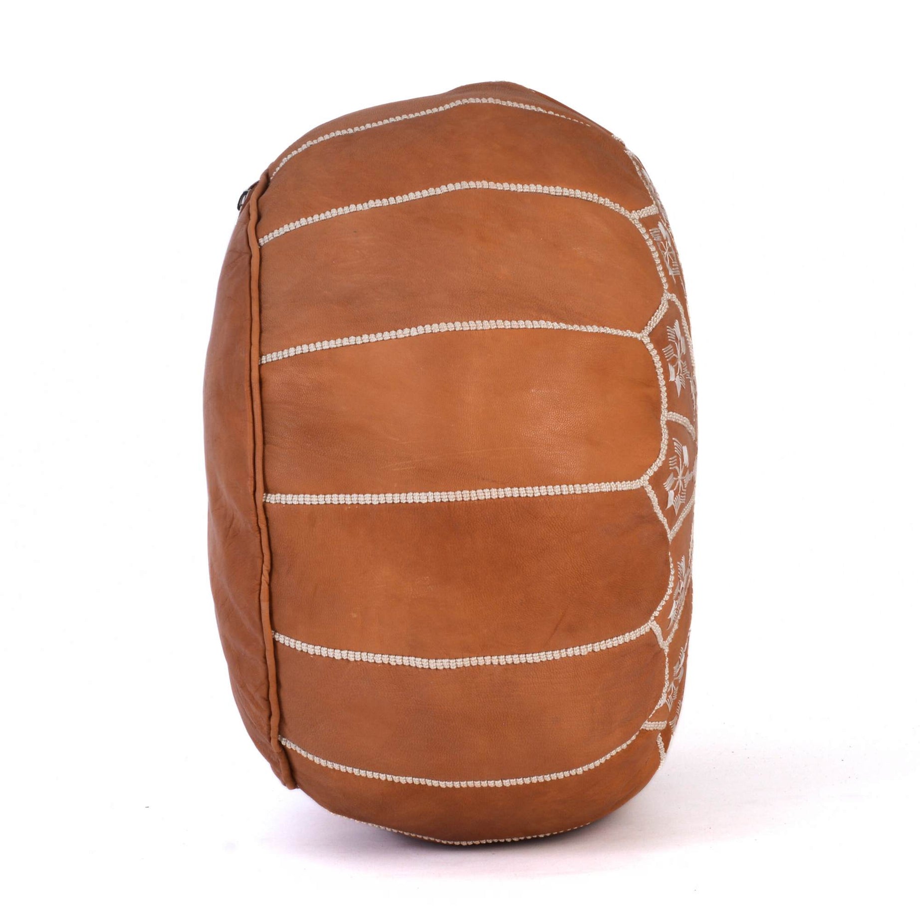 Hand-stitched Embroidery Genuine Leather Ottoman Pouf - Cognac new Design