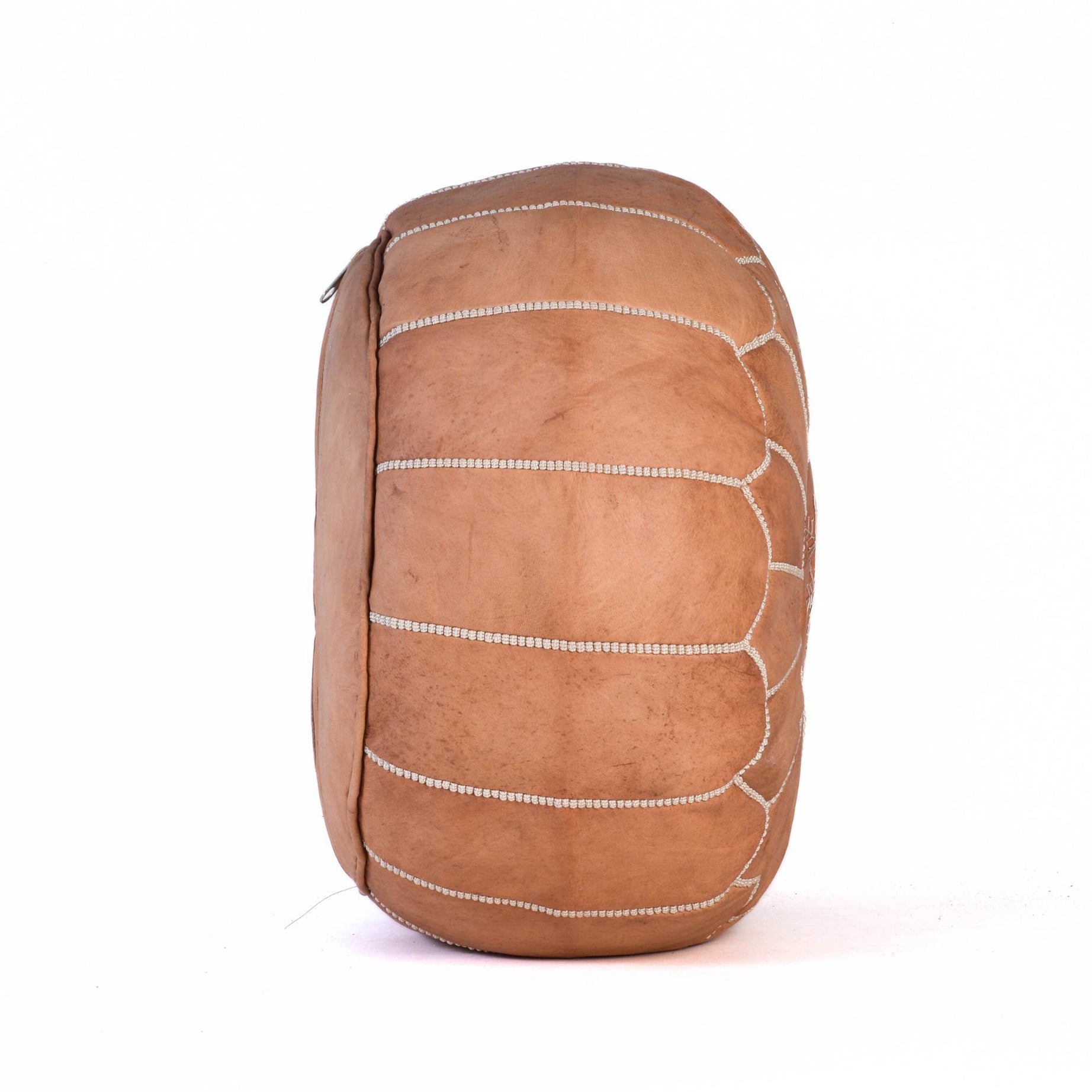 Hand-stitched Embroidery Genuine Leather Ottoman Pouf - Tan Brown