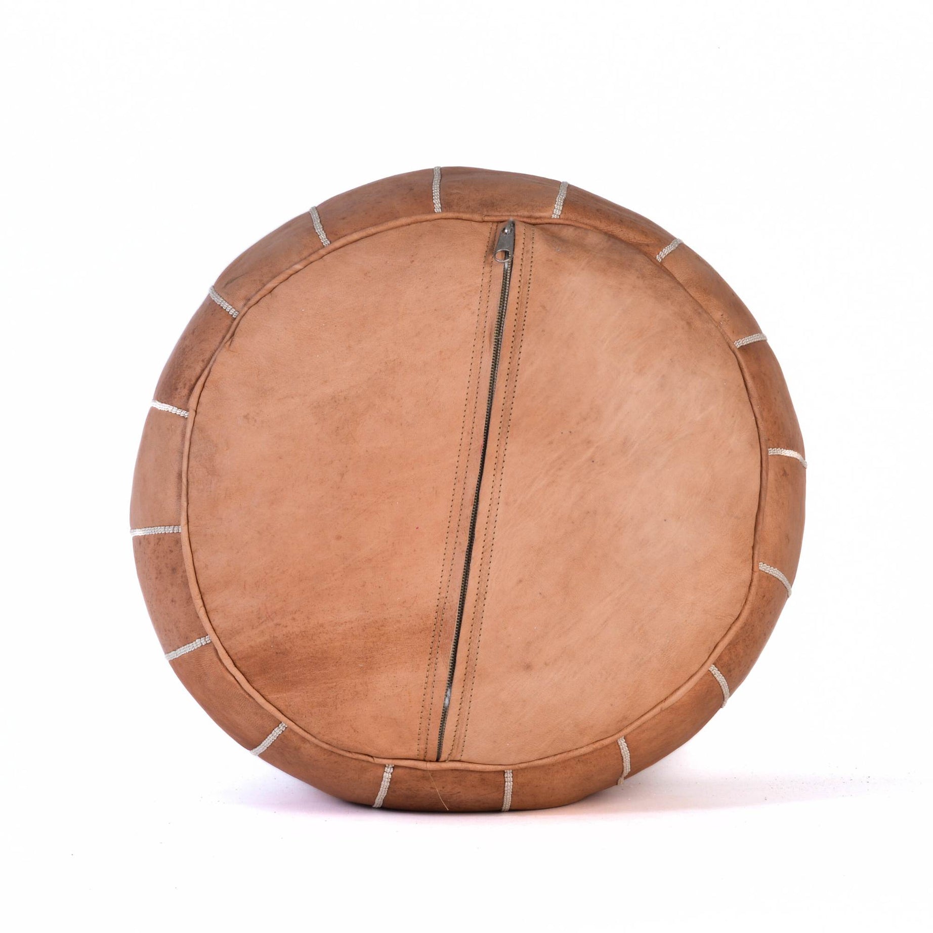 Hand-stitched Embroidery Genuine Leather Ottoman Pouf - Tan Brown