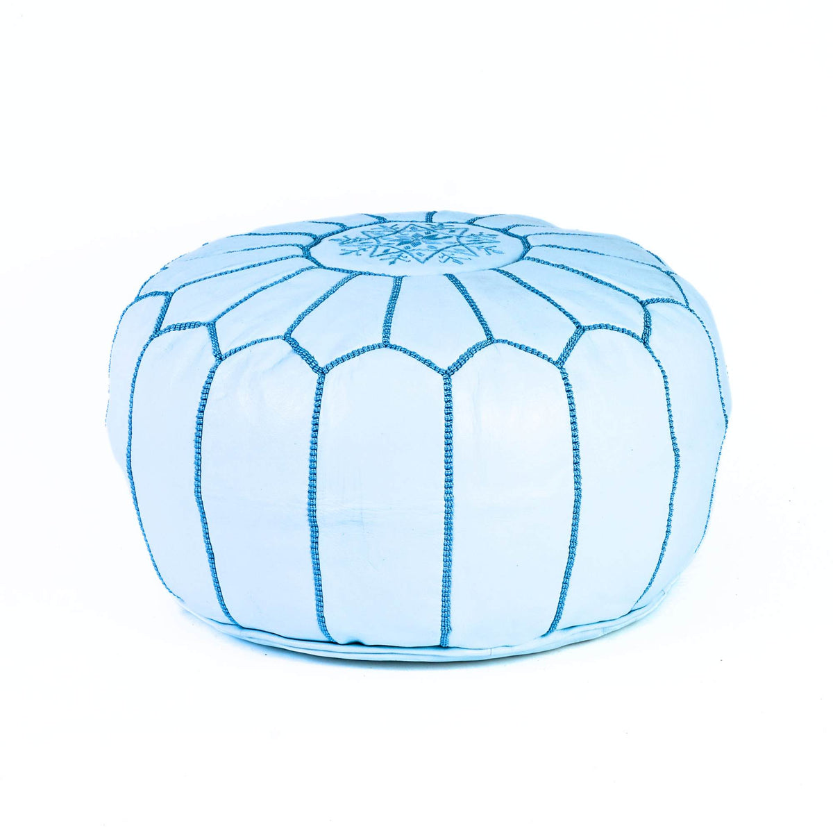 Hand-stitched Embroidery Genuine Leather Ottoman Pouf - White Turqoise