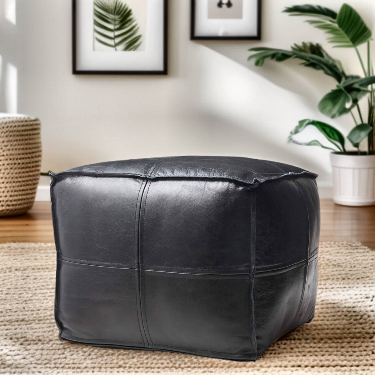 Premium Silver Pearl Leather - Square Ottoman Pouf, Handcrafted Large Ottoman, Luxury Home Decor | Luxury Footrest & Seat | Modern Design