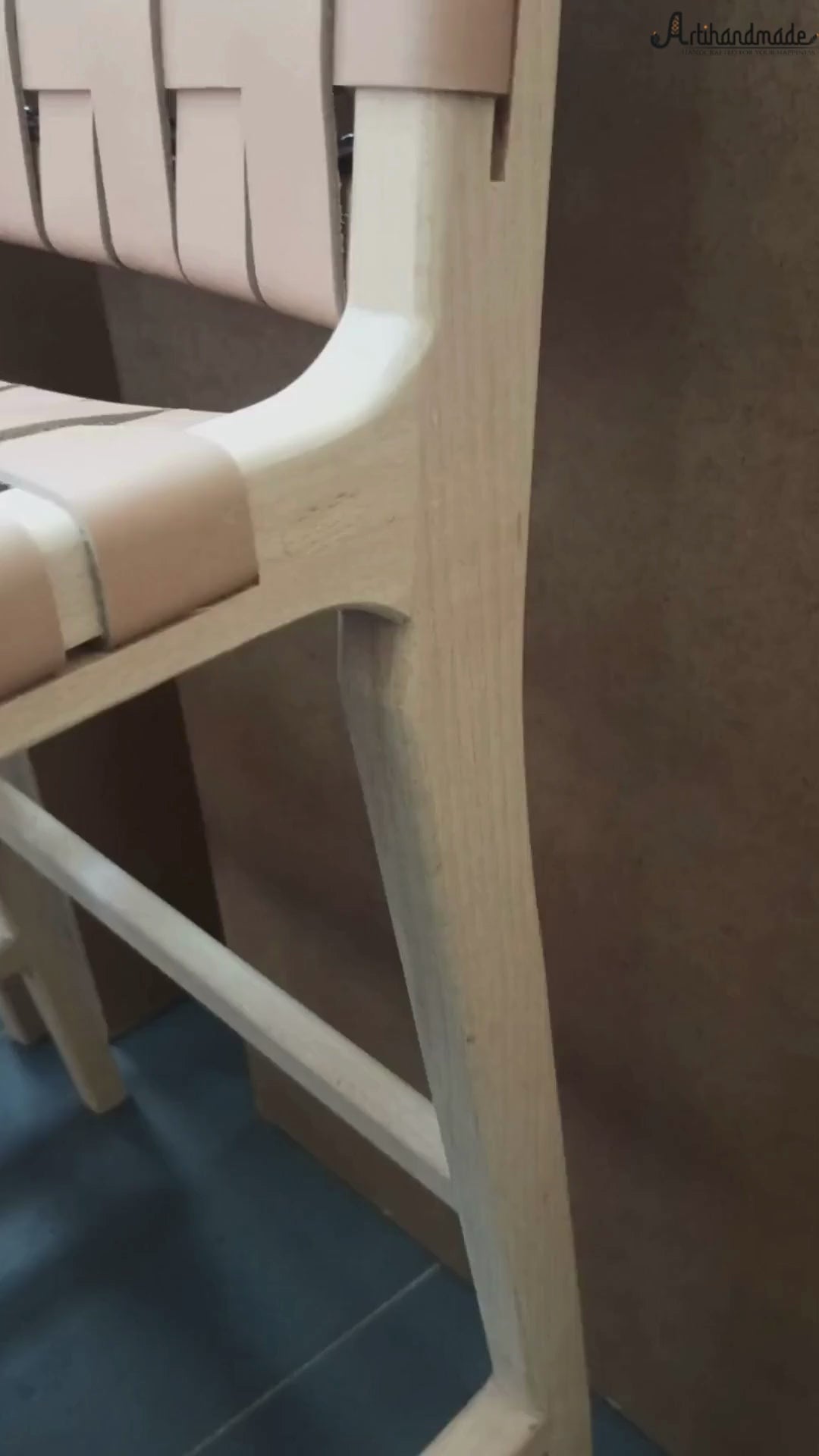 Woven Leather Counter Stool - Natural Teak Wood With Tan Leather