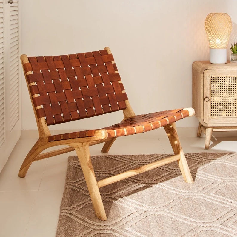 Woven Leather Lounge Chair - Brown