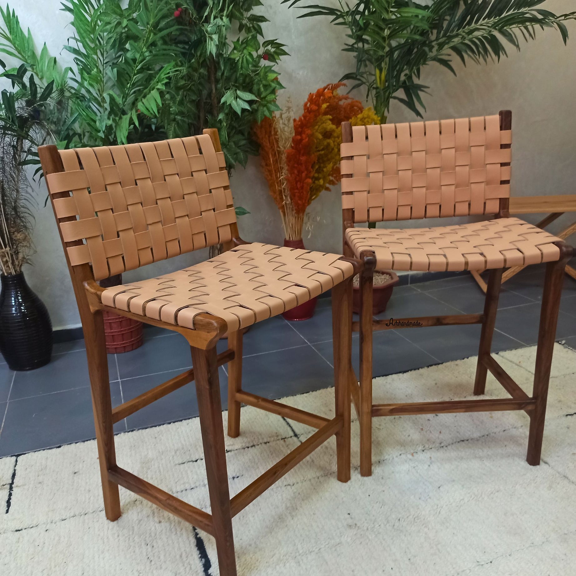 Walnut Counter Stools, Natural Teak Wood With beige Leather.