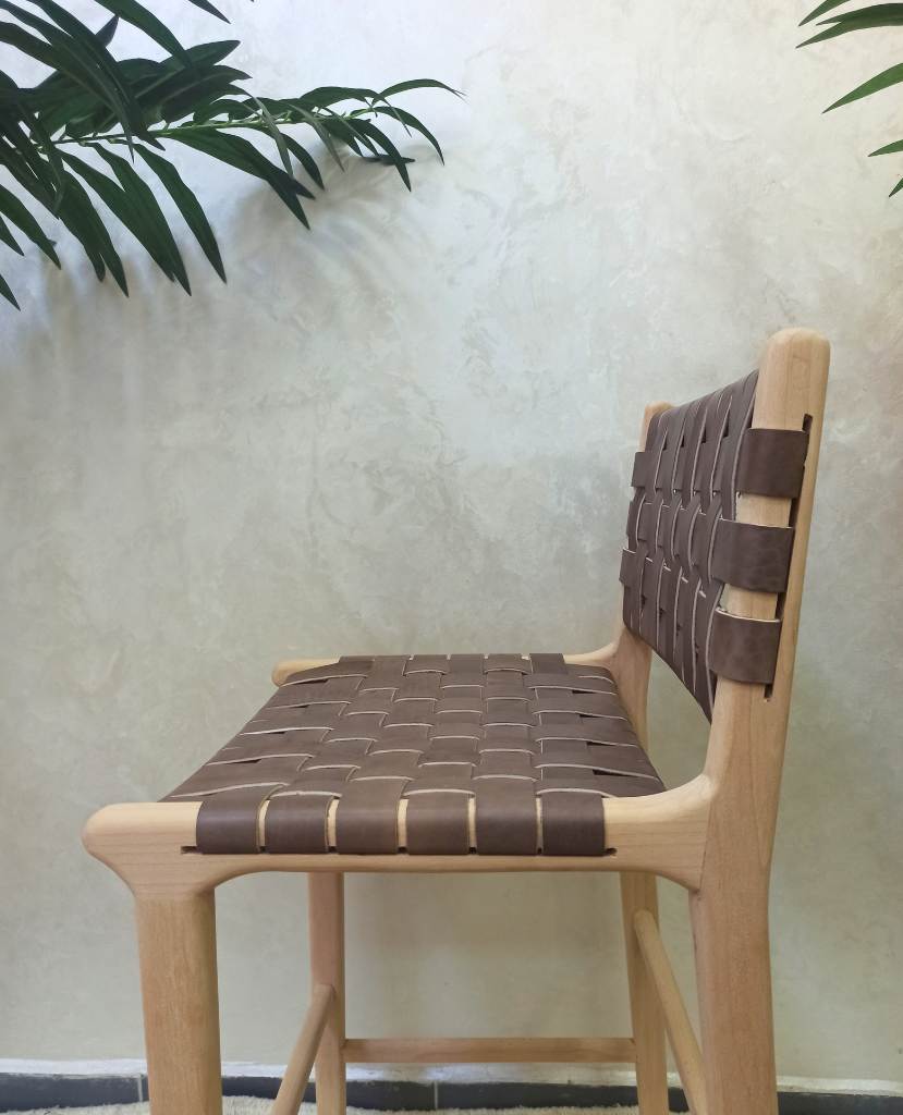 Leather Strap Counter Stool - Natural Teak Wood With Drak Brown Leather