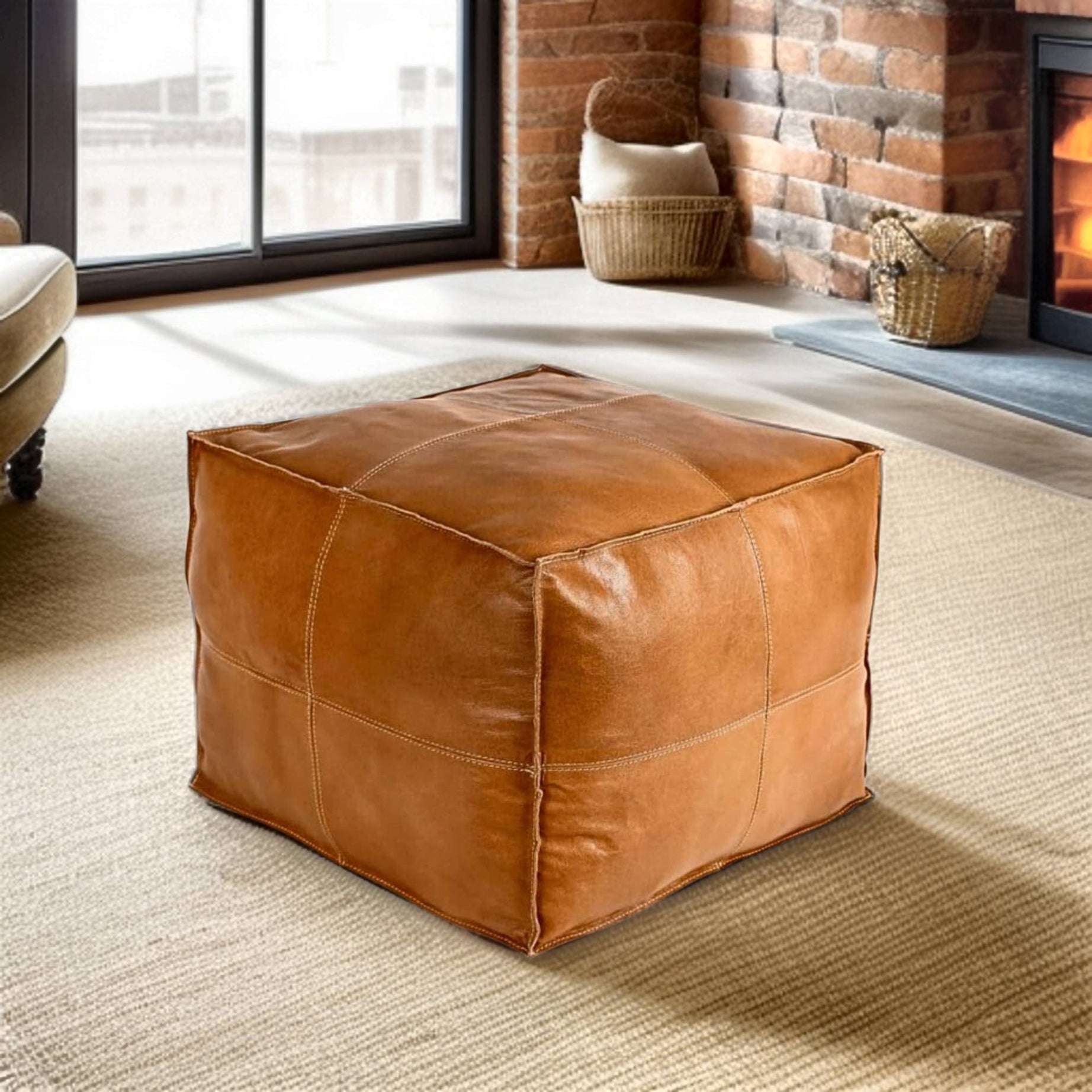 Premium Silver Pearl Leather - Square Ottoman Pouf, Handcrafted Large Ottoman, Luxury Home Decor | Luxury Footrest & Seat | Modern Design