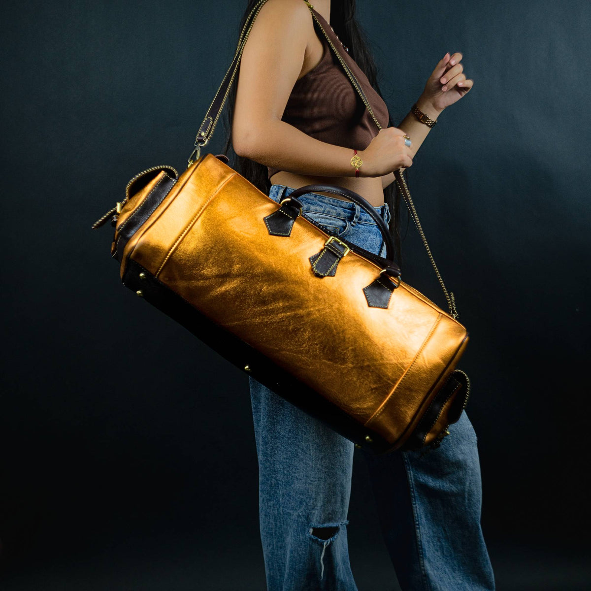 Hand Stitched Vintage Gold Travel Leather Bag