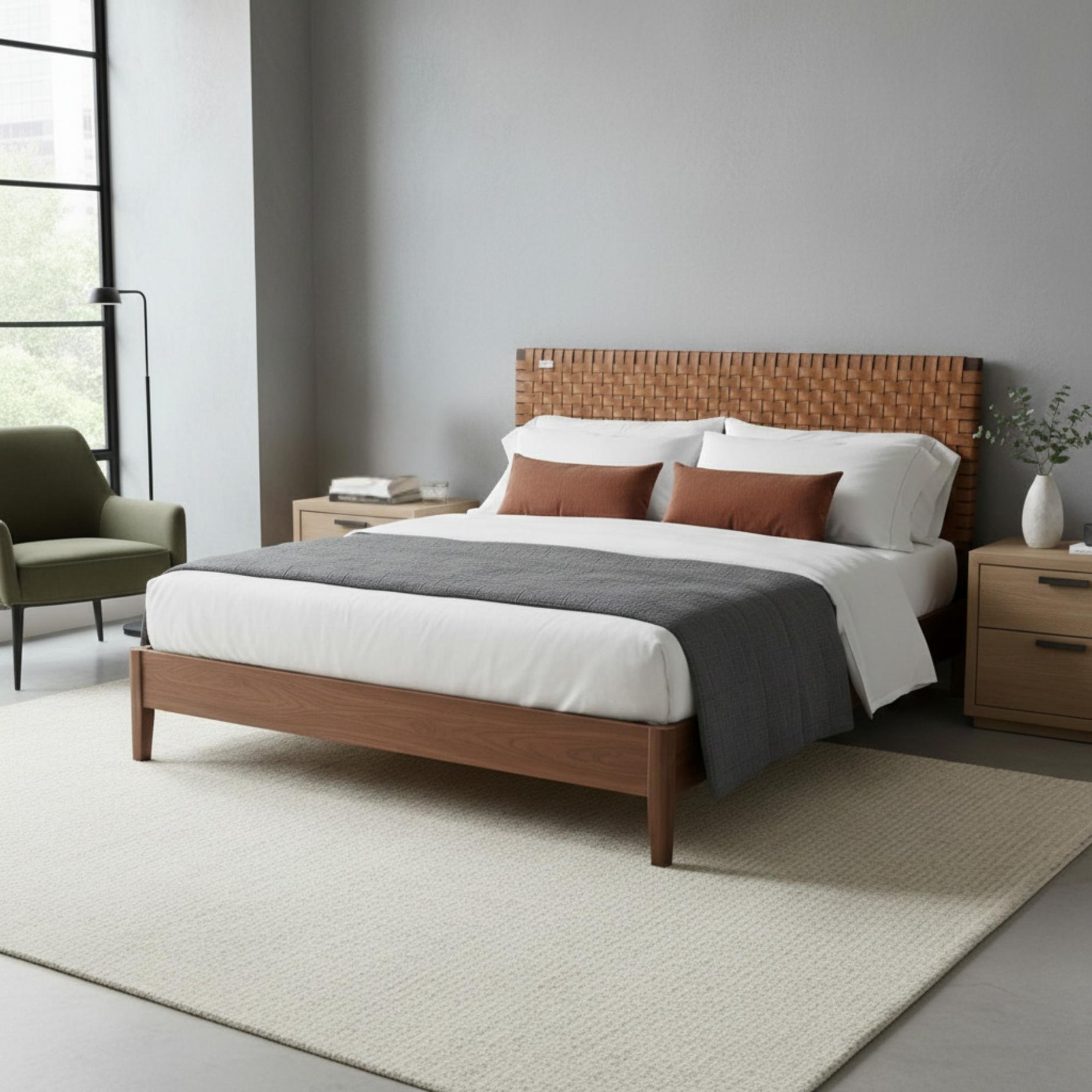 Bedroom with a wooden bed frame, gray bedding, and brown headboard.
