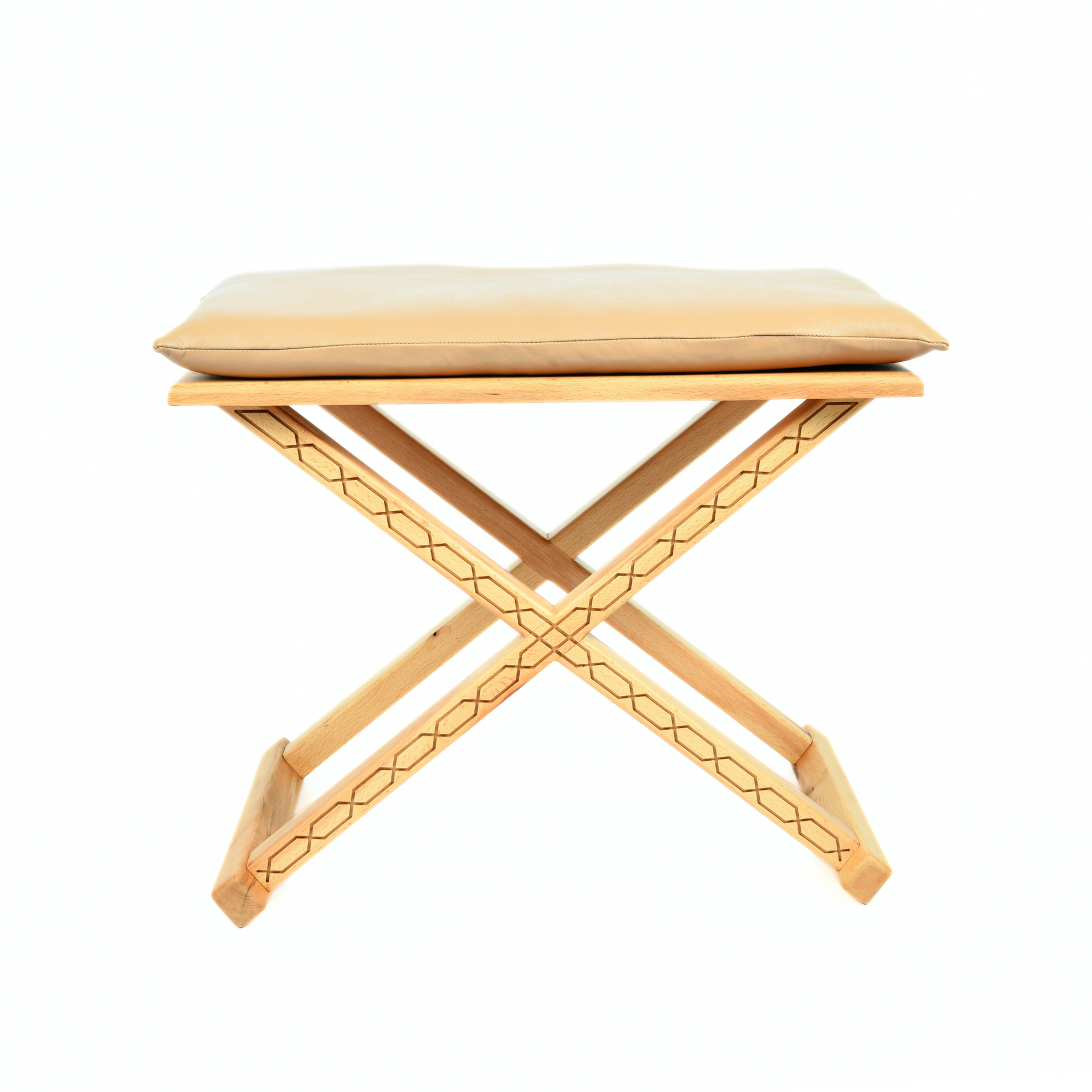 Vintage X Stool Varnished Wood With Beige Leather Cushion