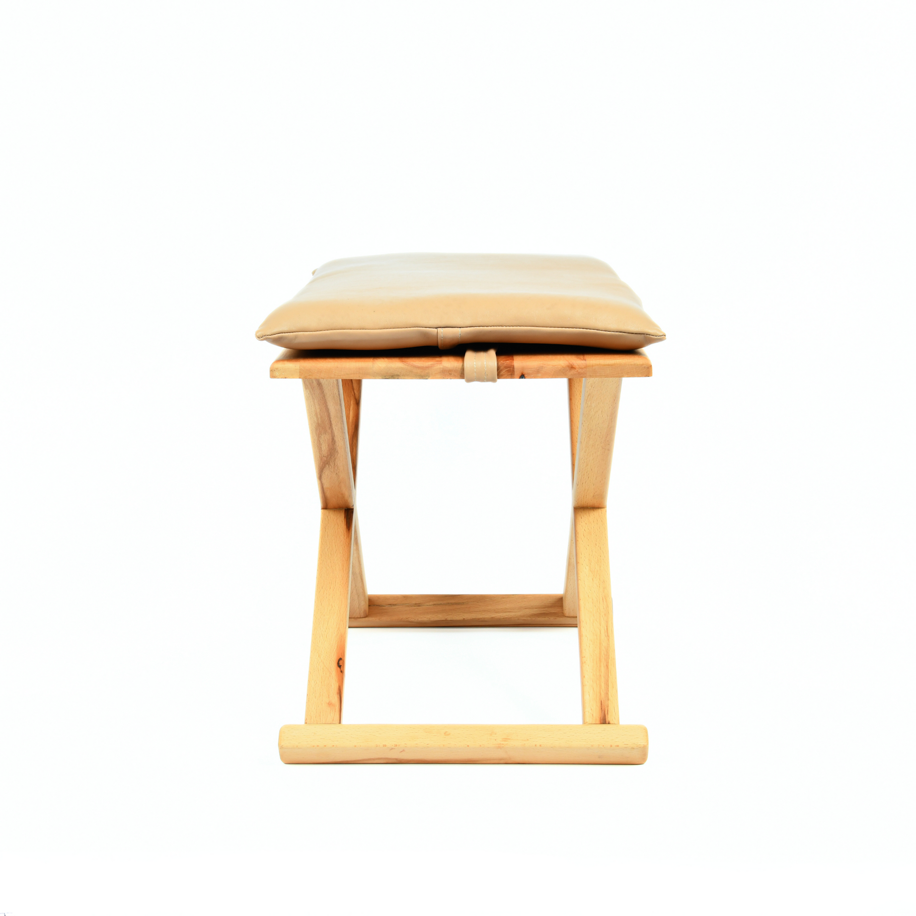 Vintage X Stool Varnished Wood With Beige Leather Cushion
