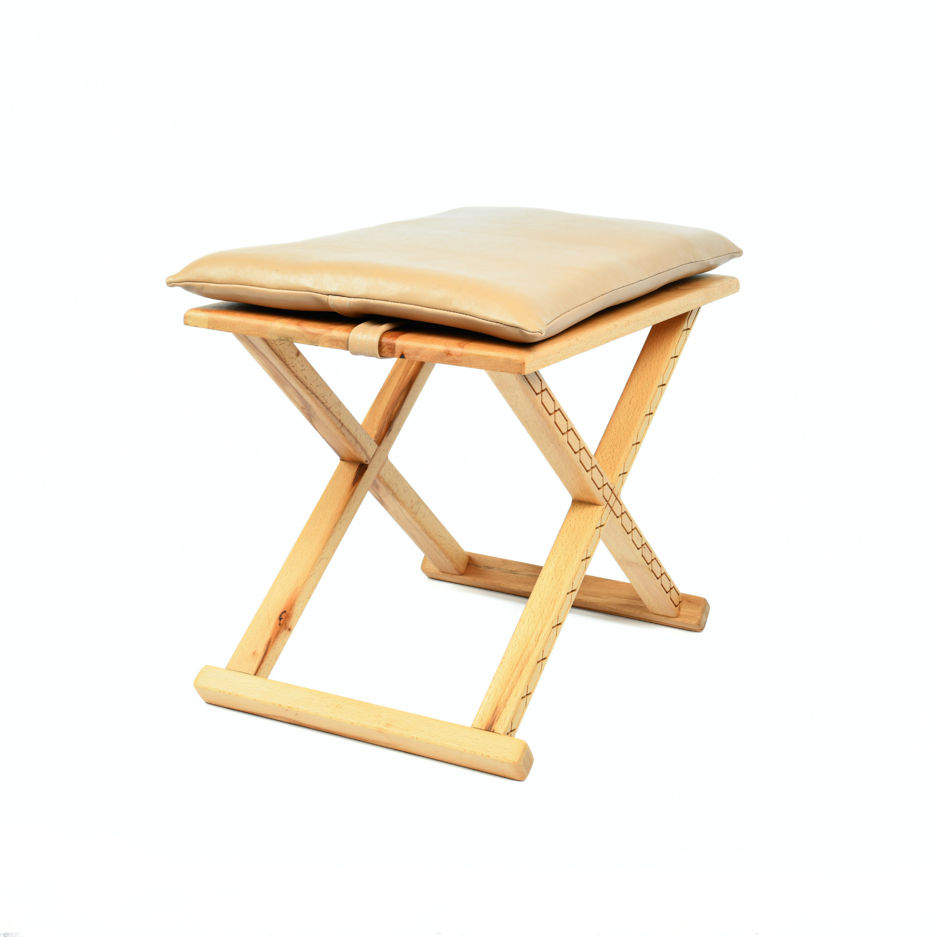 Vintage X Stool Varnished Wood With Beige Leather Cushion