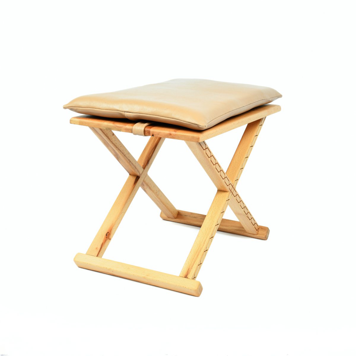 Vintage X Stool Varnished Wood With Beige Leather Cushion