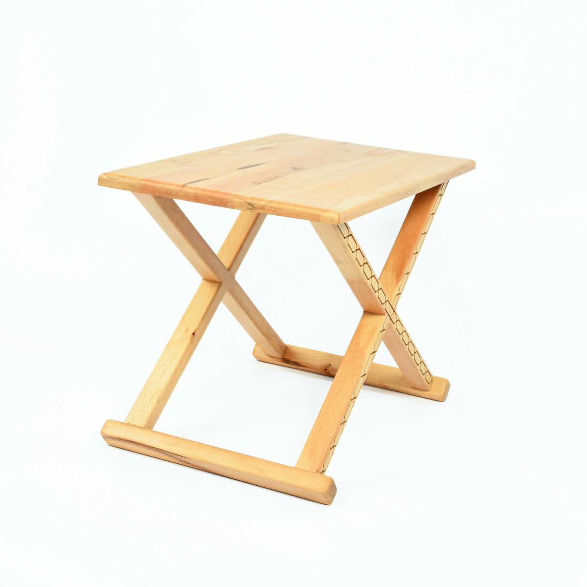 Vintage X Stool Varnished Wood With Beige Leather Cushion