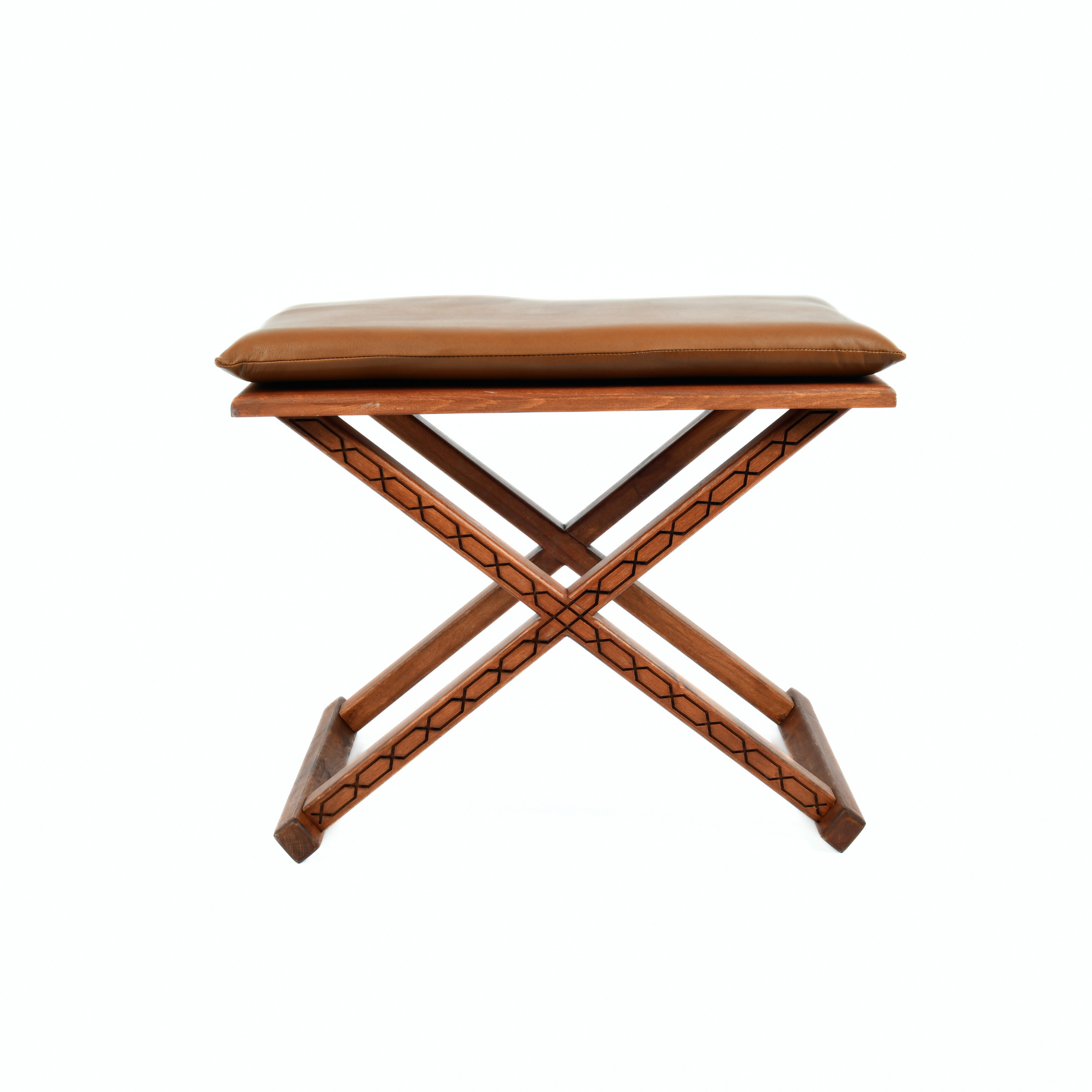 Handcrafted Brown Wood Stool With Brown Leather Cushions