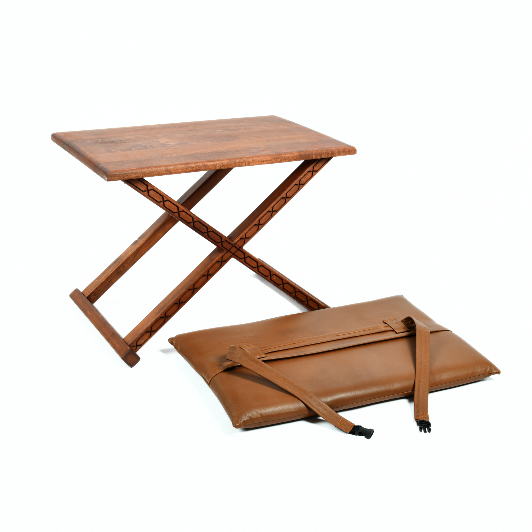 Handcrafted Brown Wood Stool With Brown Leather Cushions