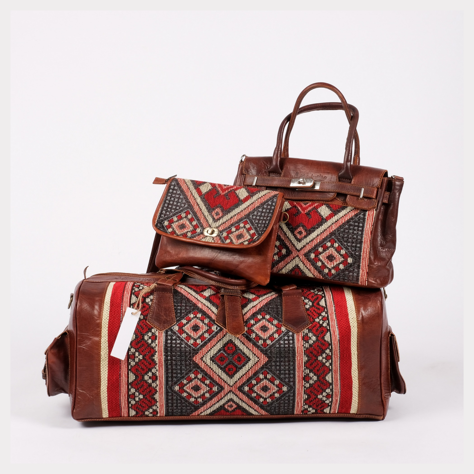 Premium Set of 3 Leather Kilim Travel Bags - Unique and Stylish